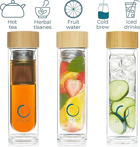 Miniatura 4 de Pure Zen Tea Botella infusora con doble tapa 13 onzas botella de té de vidrio con tapa de bambú 15 onzas termo de té con infusor de 15 onzas azul