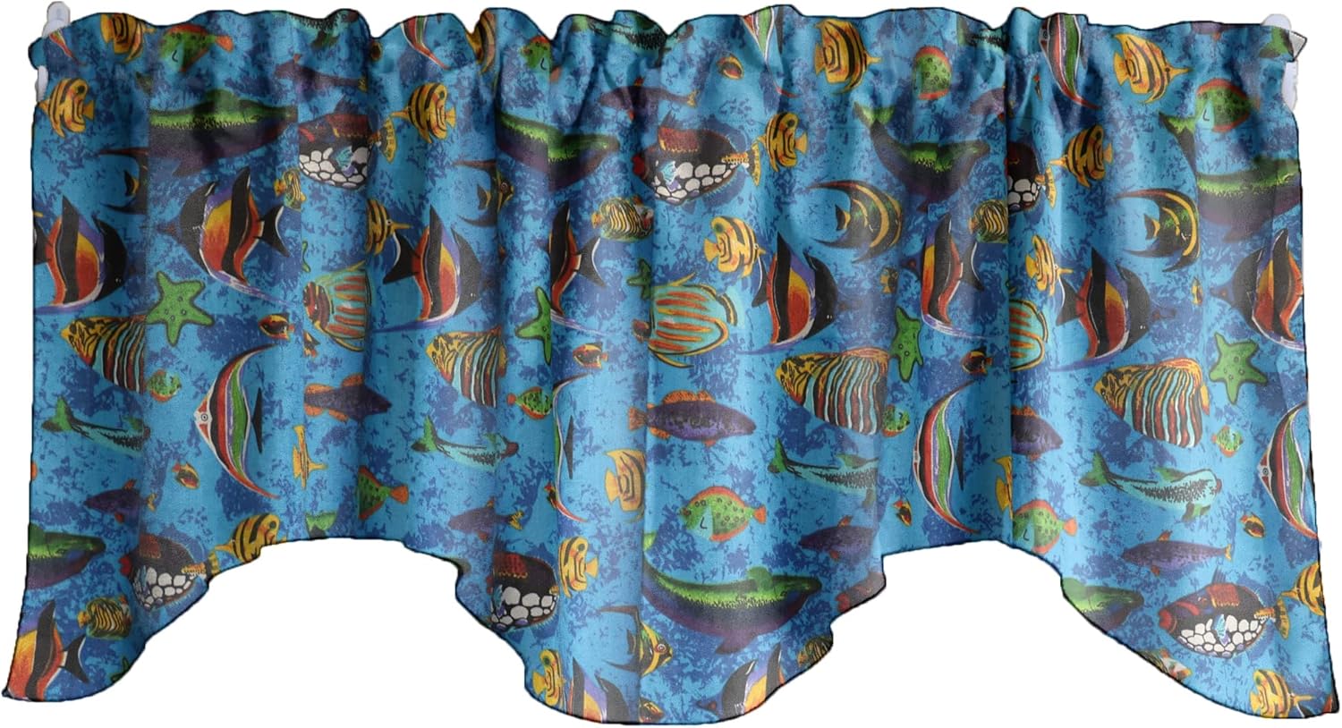 Zen Creative Designs Fish Aquariam Print Scalloped Wave Window Valance Cotton Animal Print Home Décor Bedroom Nursery Kitchen Window (Light Blue)