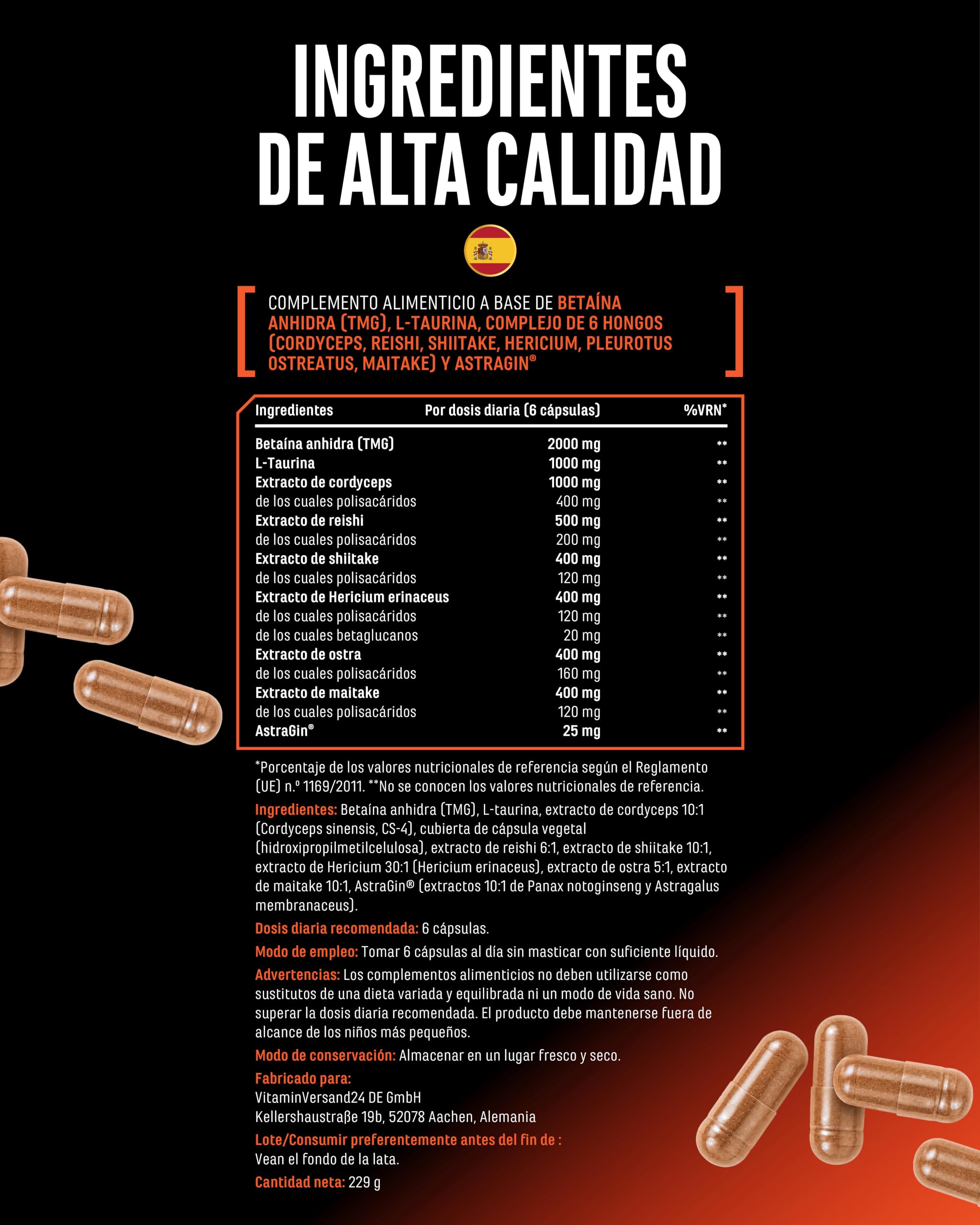 Peak Oxygen - 180 Cápsulas Vegan - 6125 mg por Dosis Diaria - Complejo de 6 Hongos con Cordyceps, Reishi, Shiitake, Hericium, Maitake y Seta de Ostra - TMG, Taurina y Materia Prima de Marca: AstraGin®