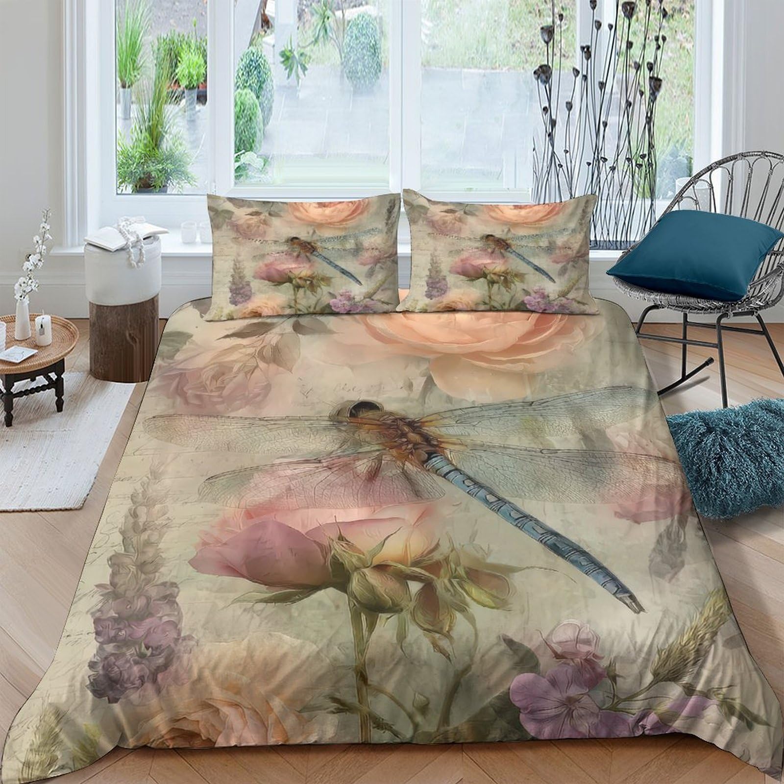 Ctjqhvkz Style-8 3D Printed Dragonfly Floral Fitted Sheet Microfiber Soft Breathable Botanical Bed Cover For Bedroom Guest Room Decor Single（135X200cm）