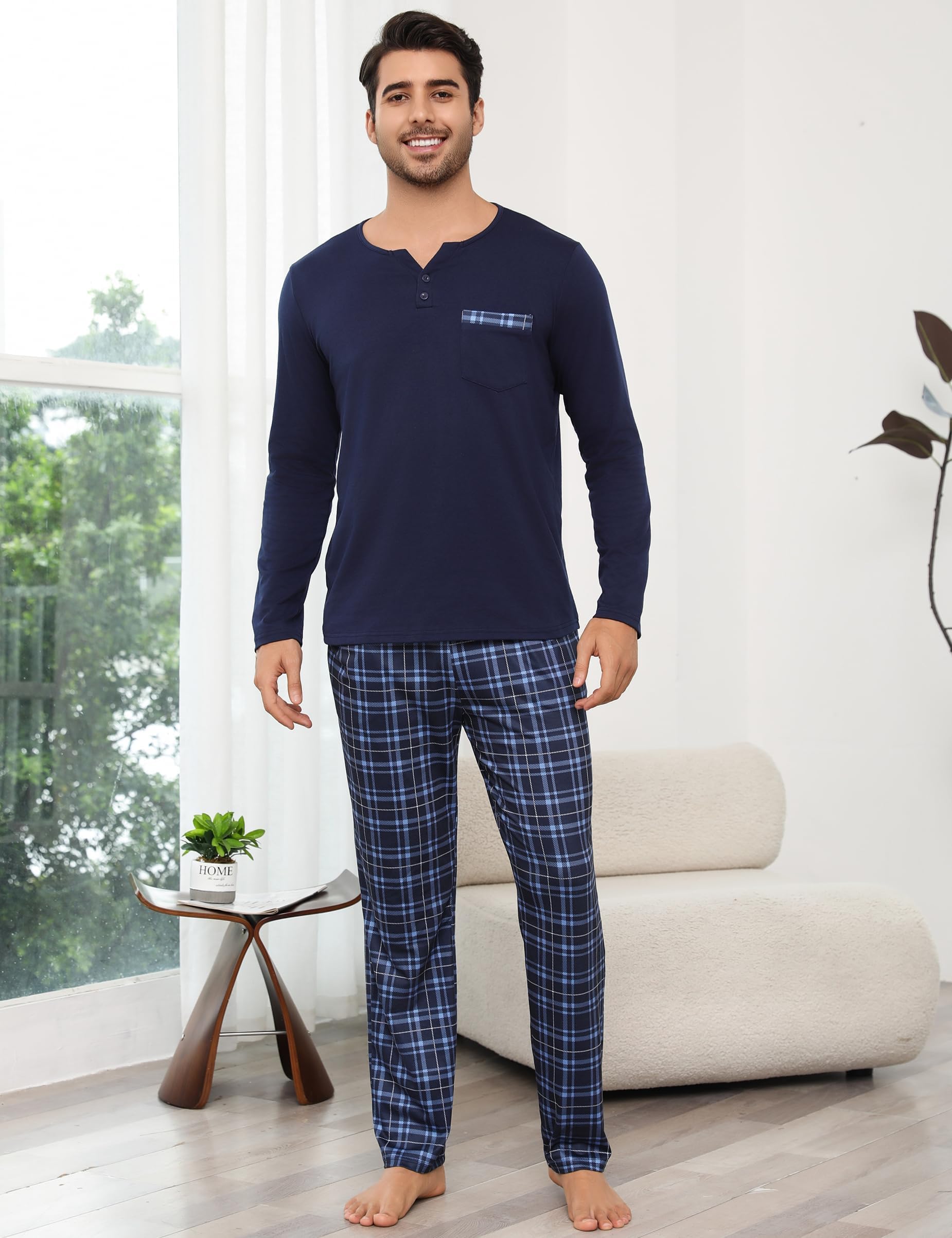 Bresdk Schlafanzug Herren Pyjama Set Lang Baumwolle mit 2 Knöpfen Zweiteilige Nachtwäsche