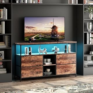 TV cabinet with LED lighting 108 x 30 x 78 cm, TV table with 4 drawers, 3 open compartments, TV cabinet with adjustable glass shelf, suitable for living room, bedroom, brown (brown, 108 x 30 x 78 cm)
