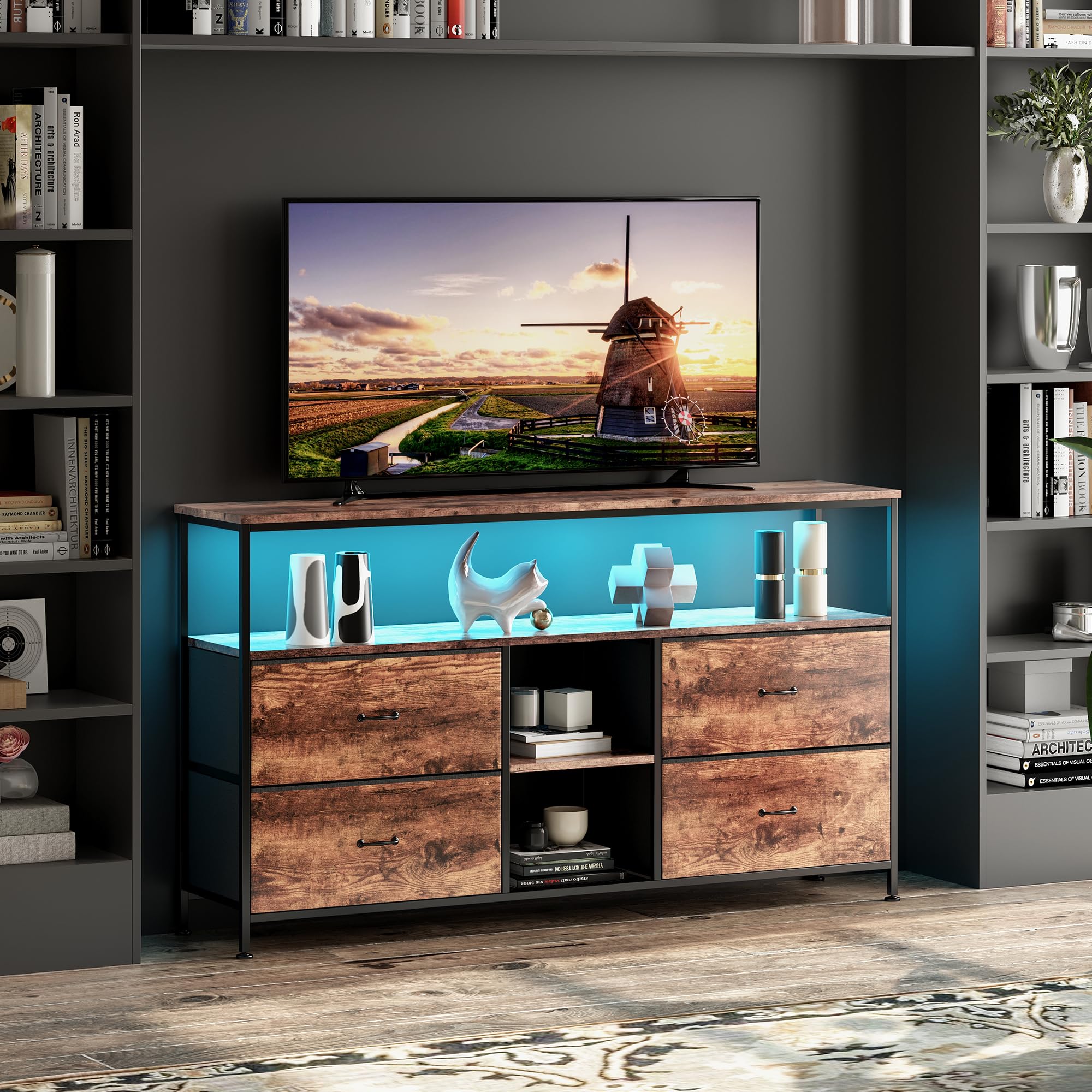 Armoire TV avec lumières LED - 108 x 30 x 78 cm - Meuble TV avec 4 tiroirs, 3 compartiments ouverts - Avec étagère en verre réglable - Pour salon, chambre à coucher - Marron - 108 x 30 x 78 cm