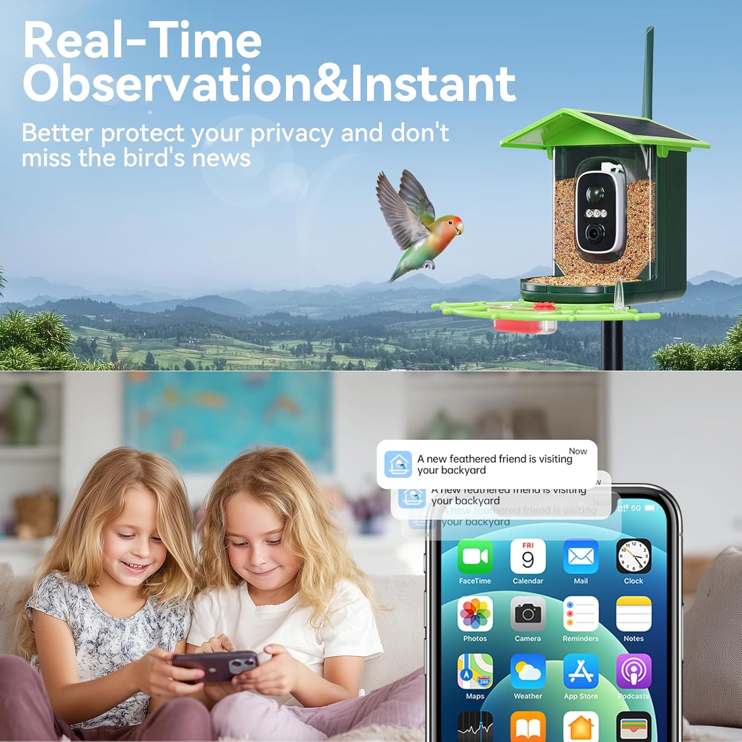 Bird Feeder with Camera and 75 Inch Pole&32GB SD Card, AI Birds Species, Smart Birds Camera Feeder Solar Powered, 2K HD Video, Instant Arrival Alerts&Notification, Ideal Gift for Bird Lovers