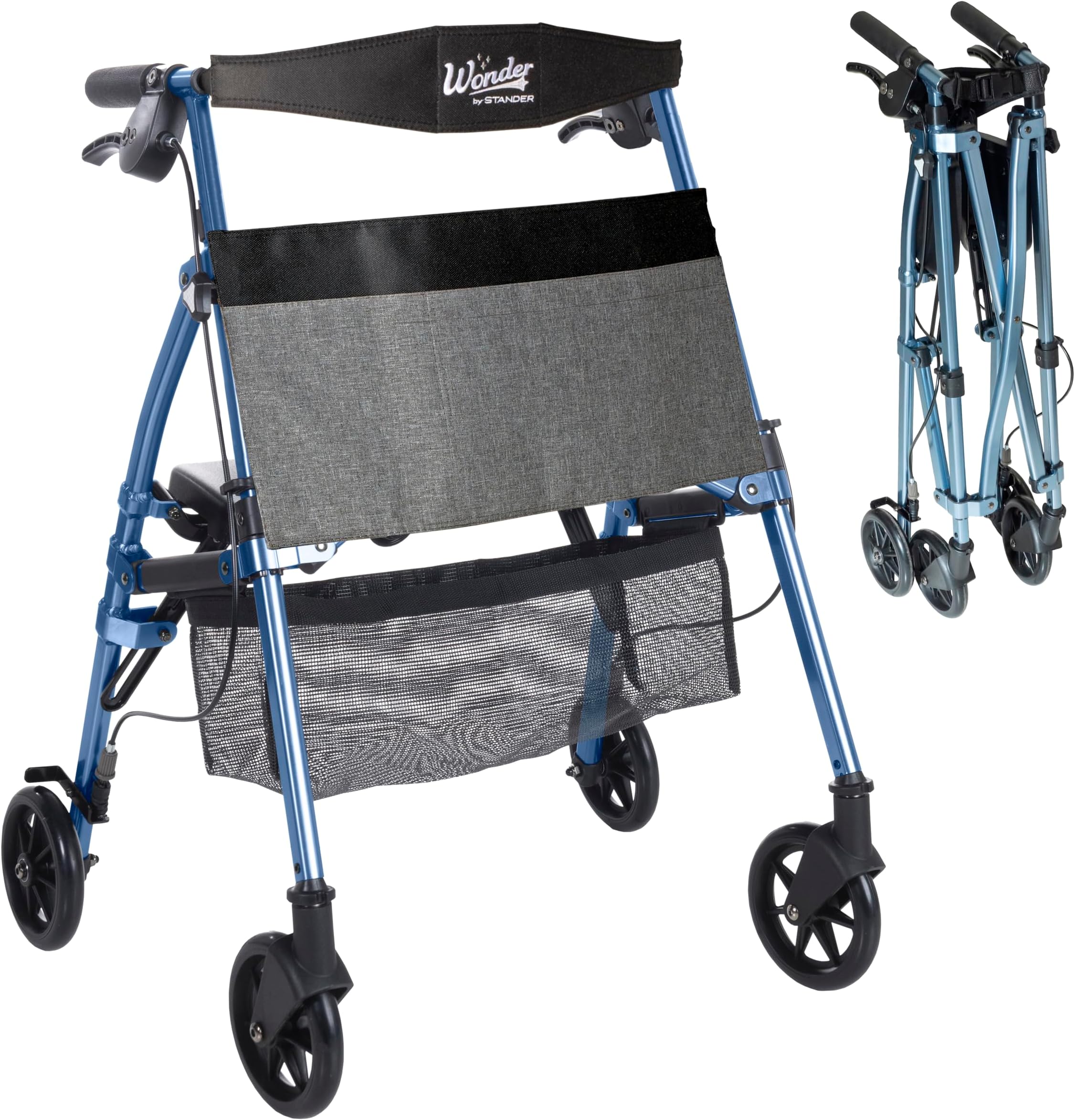 Stander Wonder Rollator Plus Short, Lightweight Junior Folding Mobility Aid for Petite Adults, Seniors, and Elderly, Collapsible Travel Rolling Walker with Four Wheels and Seat, Cobalt Blue