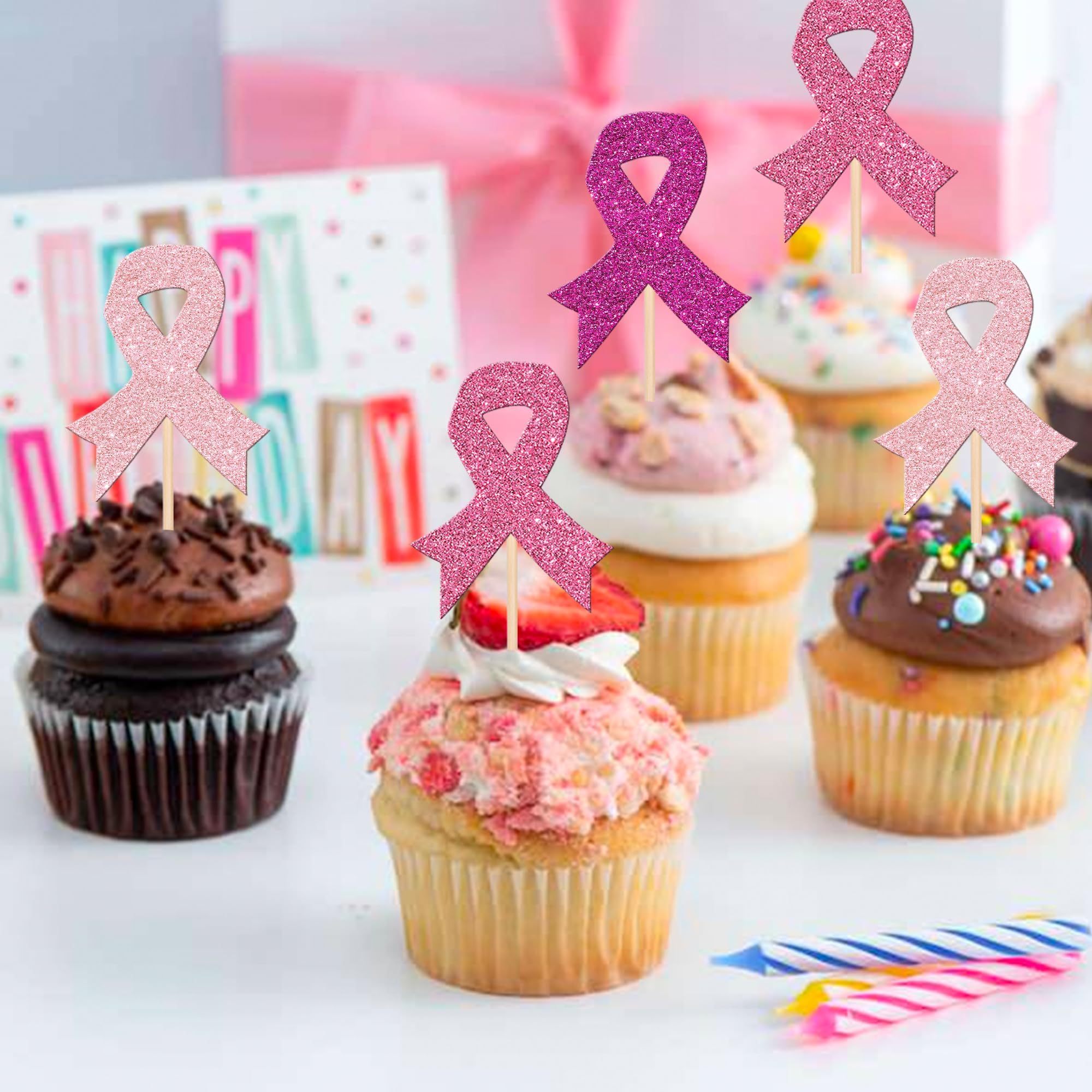 Xsstarmi 24 Pack Breast Cancer Awareness Cupcake Toppers Glitter Pink Ribbon Fight Beliveve Cupcake Picks for Breast Theme Love Women Health Pink Ribbon Party Cake Decorations Supplies - Image 3