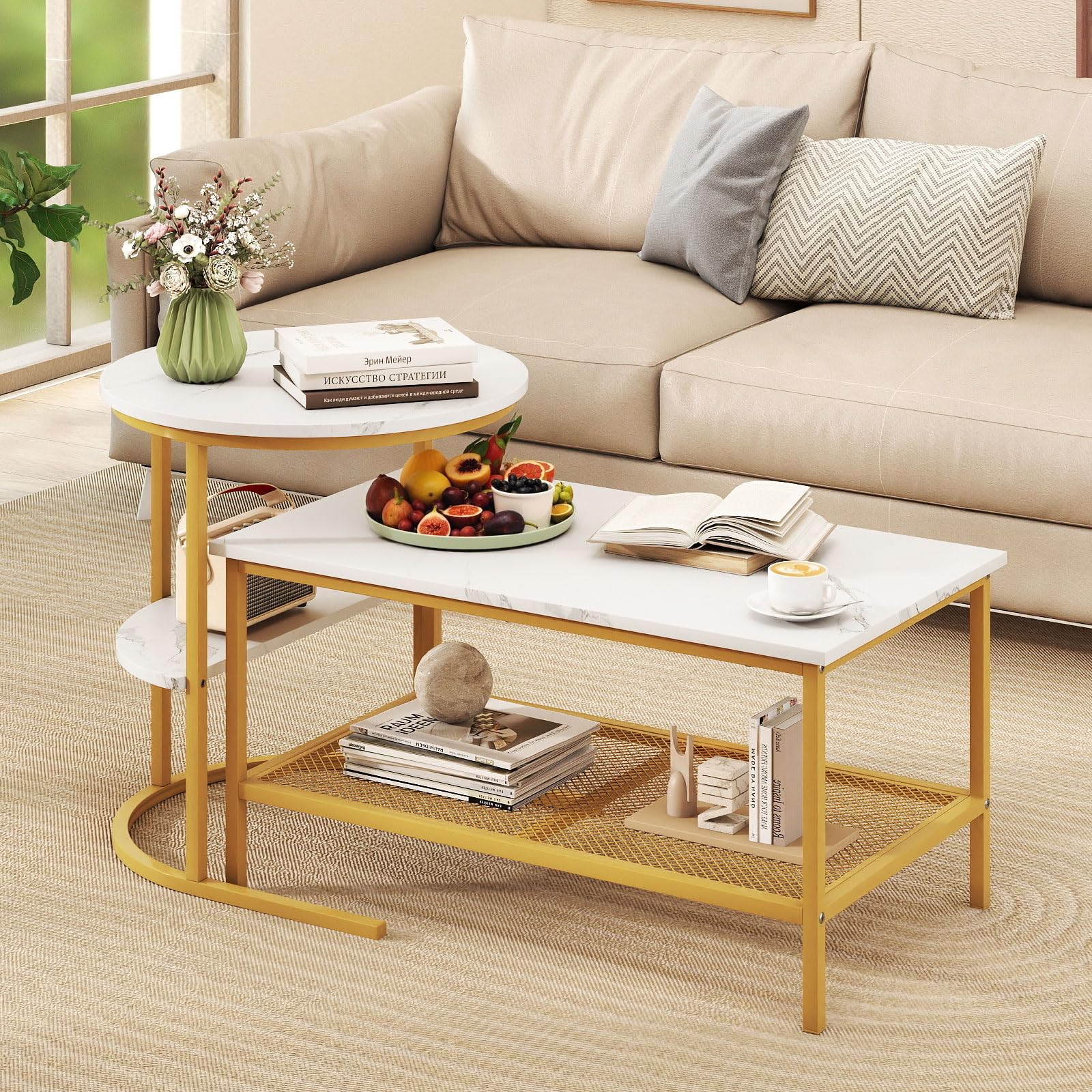 COSTWAY Set di Tavolini da Caffè Componibili, 2 in 1 Set di Tavoli Rimovibili con Piano in Marmo Sintetico, Tavolino Rotondo e Tavolino Rettangolare per Salotto e Camera da Letto (Oro)