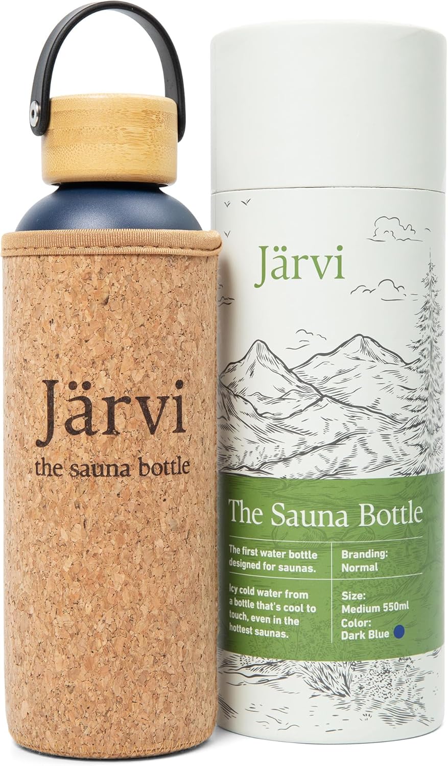Jarvi The Sauna Bottle - 18 oz / 550 ml Icy Cold Water & Cool to Touch even in Hot Saunas - Natural Cork x Neoprene Outer Layer - Double Wall Insulated Steel Bottle. (Deep Blue, Medium)