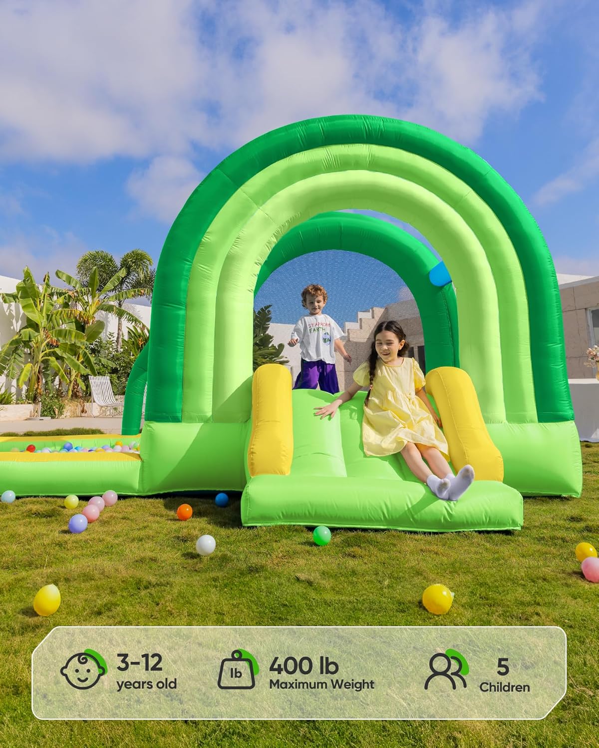 Outfunny Bounce House with Slide, Inflatable Bouncy House for Kids 3-12 w/Ball Pit, Outdoor & Indoor, Bounce Area 8'x8', Capacity 400 lb - Green