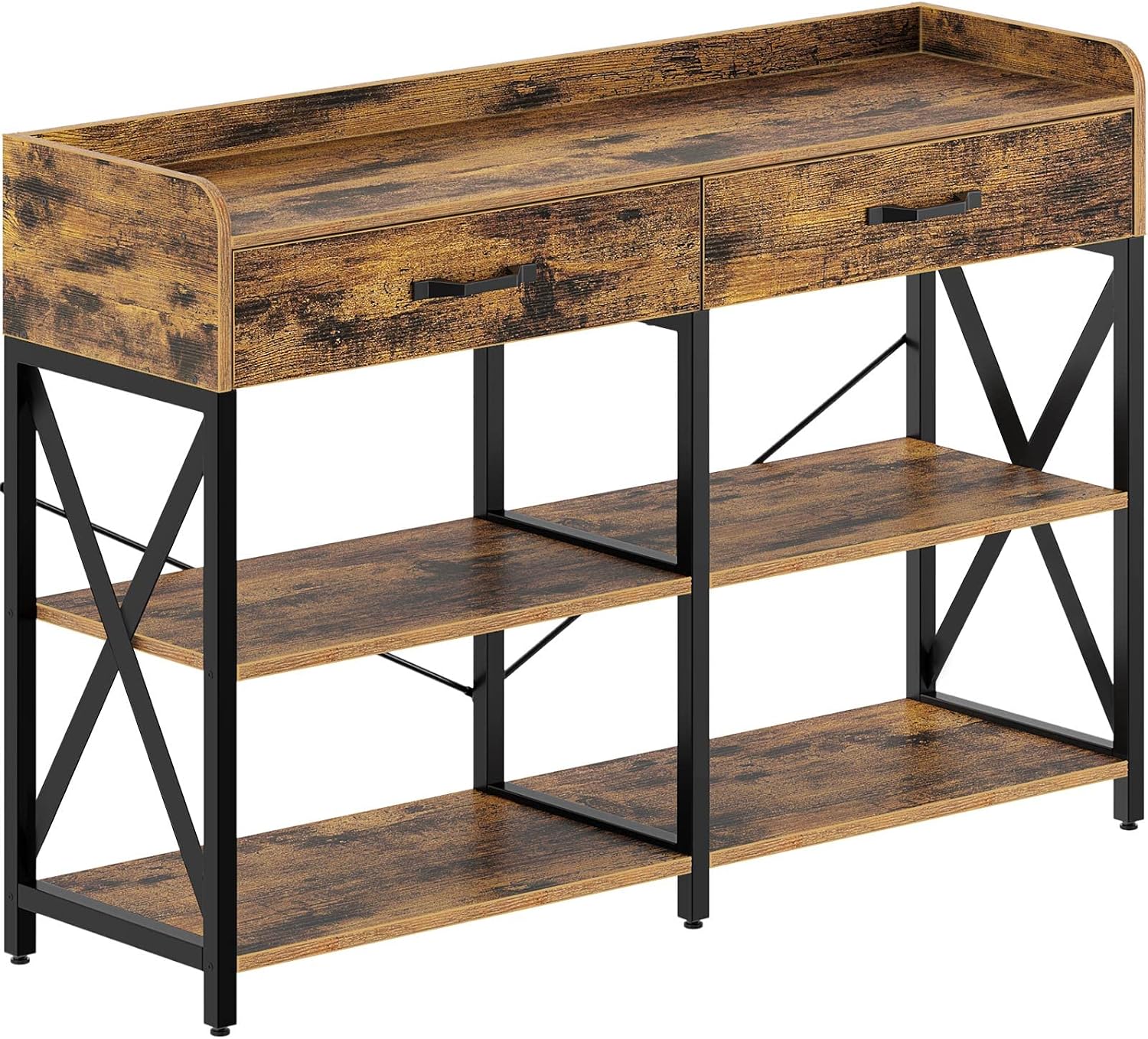 Rolanstar Console Table with Drawers and Shelves 47”, Entryway Table with Storage Sofa Table with Stable Metal Frame for Living Room,Hallway and Front Hall, Farmhouse Style, Rustic Brown