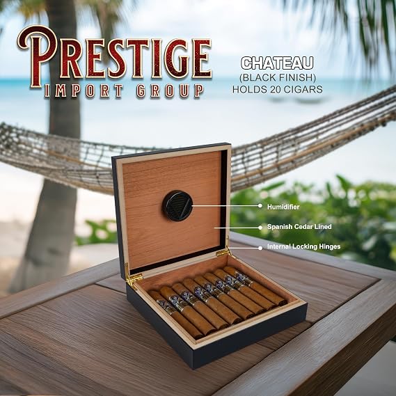 Prestige Import Group Chateau Small Cigar Humidor with Humidifier - Capacity: 20 Cigars - Color: Black