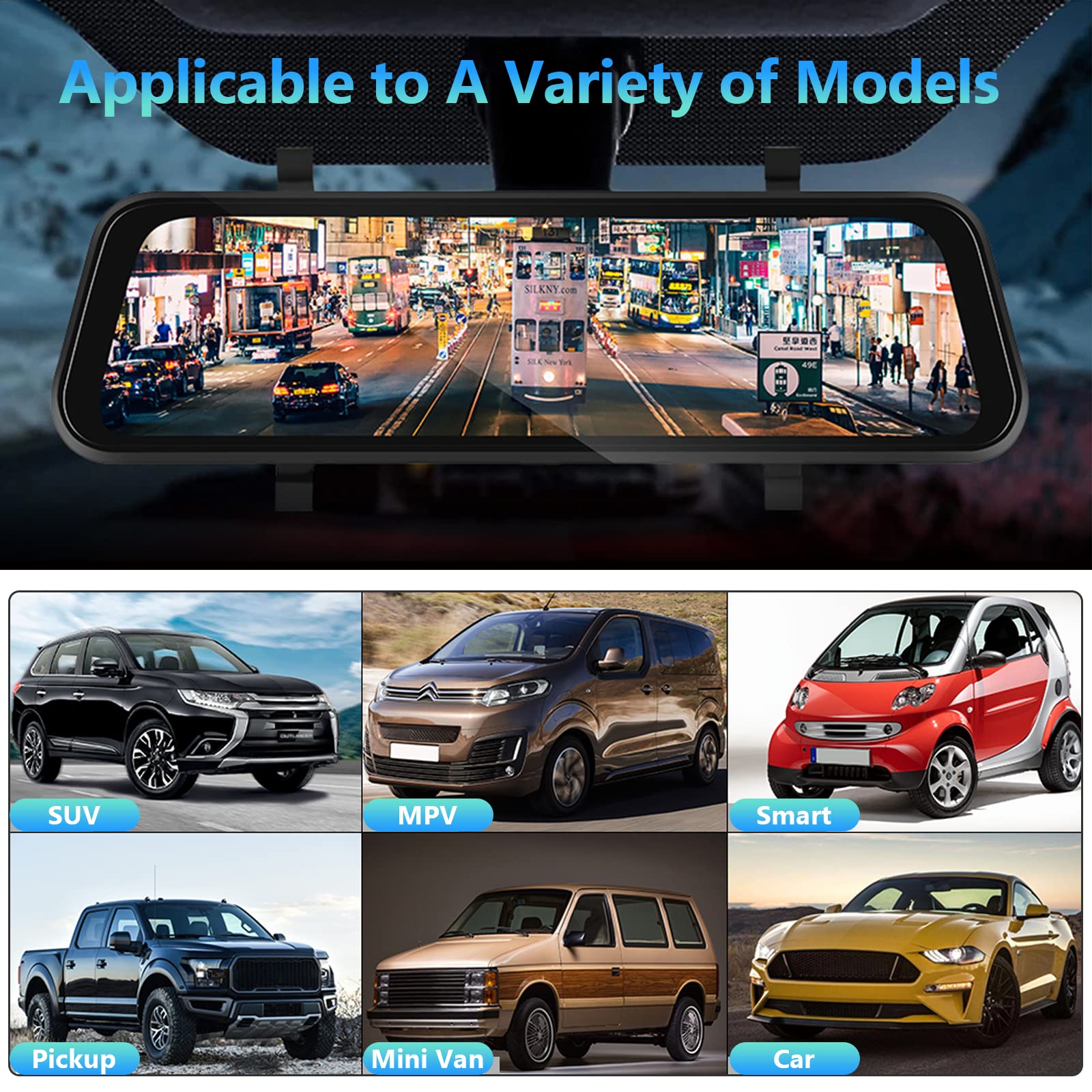 Hodozzy Carplay Rétroviseur Dashcam Bluetooth sans Fil Android Auto Écran Tactile 9,66 Pouces Rétroviseur Dash Cam Voiture Caméra Avant et Arrière avec Vision Nocturne WDR, Enregistrement,TF, FM/AUX