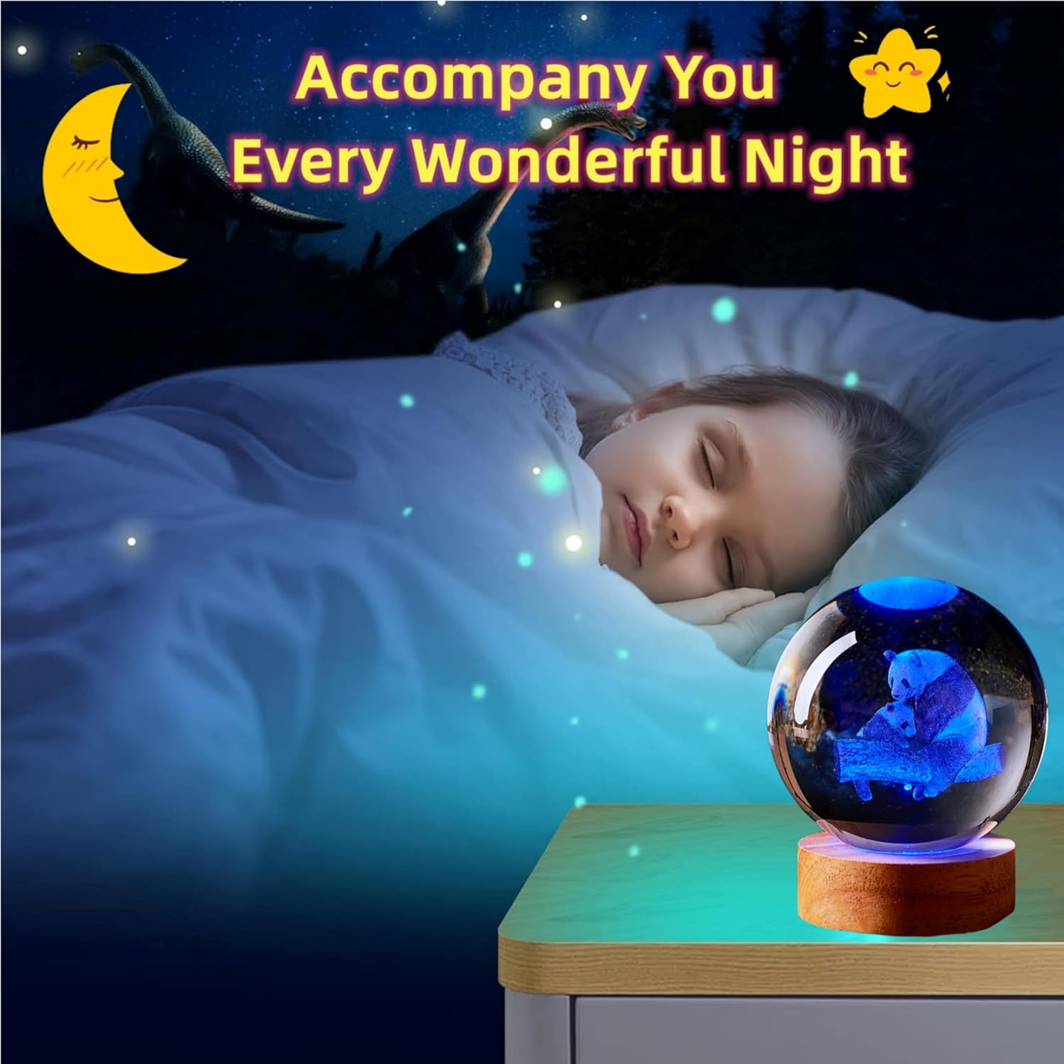 Crystal Ball Panda Family Night Light, 3.15 Inch K9 Crystal Glass Ball, 16 Color Change with Remote Control, Wooden Base Table Lamp, Birthday &