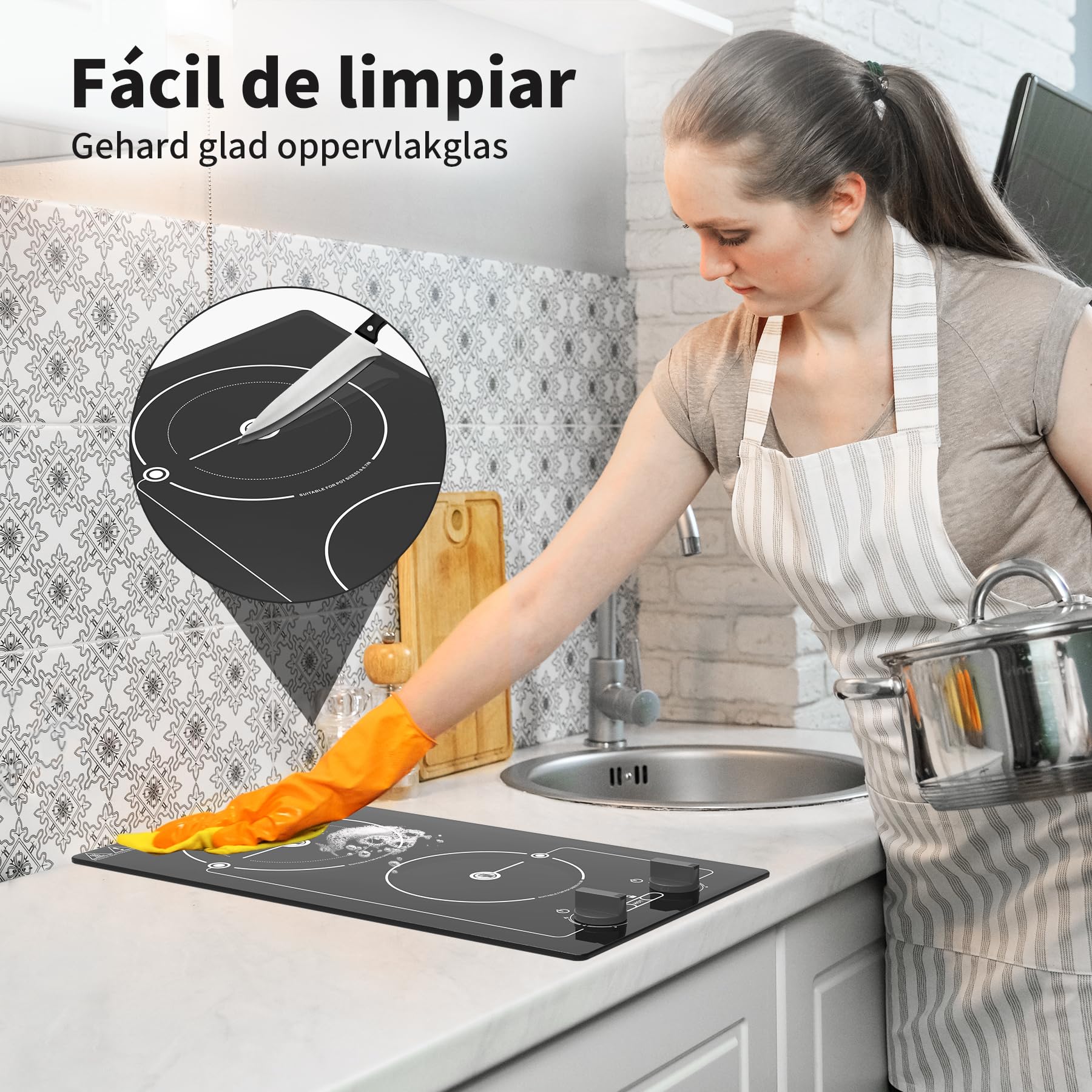 VBGK vitro portatil 2 fuegos, 220V 3000W placa vitroceramica con botón de control, 9 niveles, bloqueo y temporizador para niños