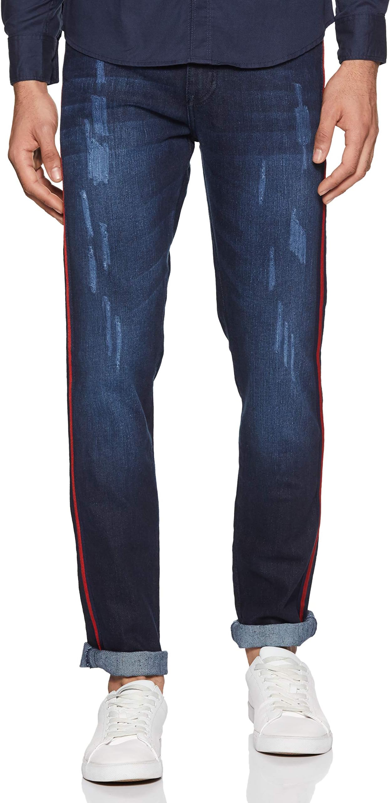 Men’s Classic Blue Dark-Washed Distressed Side Striped Regular Fit Denim Jeans | Mid-Rise Stretchable Cotton Denim Jeans Crafted with Comfort Fit & High Performance for Everyday Wear