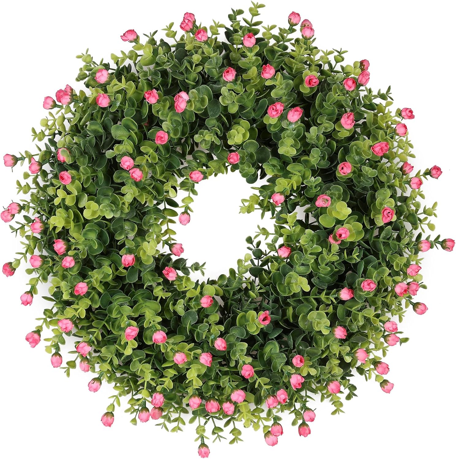 Spring Summer Wreaths for Front Door, Boxwood with Pink Rose Buds, Removable Blessing Sign, (Pink, 19)