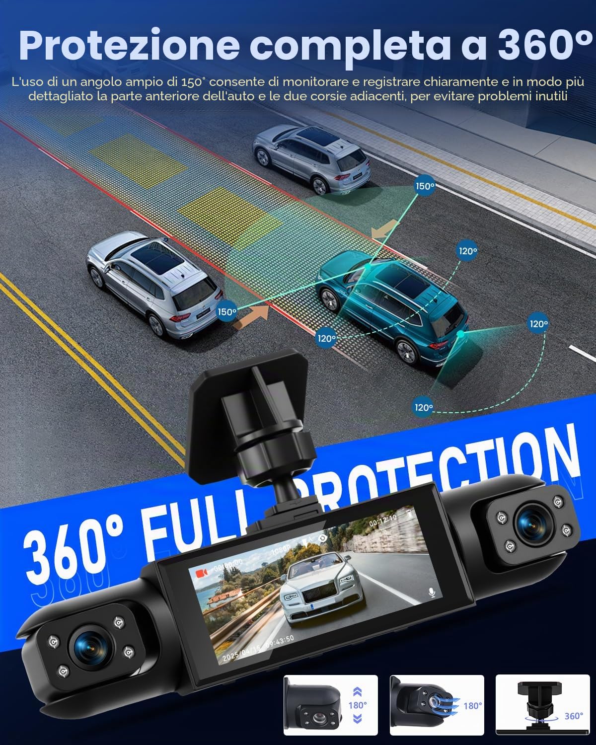 NHOPEEW Dashcam a 4 canali anteriore e posteriore per auto con display da 3,16 pollici - Dashcam a 360° con supporto 8R, visione notturna, registrazione in loop e rilevamento del movimento