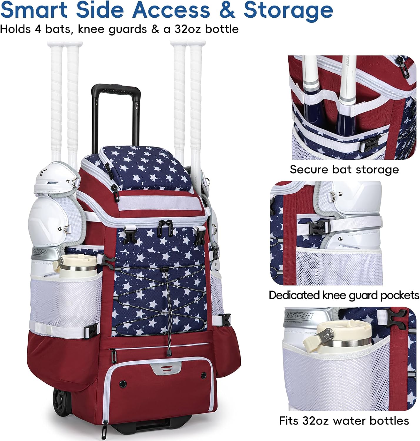 Catchers Gear Bag with Wheels, 90L Rolling Baseball/Softball Bag Holds 2 Sets of Gear with Glove Compartment, Helmet Holder & Shoe Compartment - Image 5