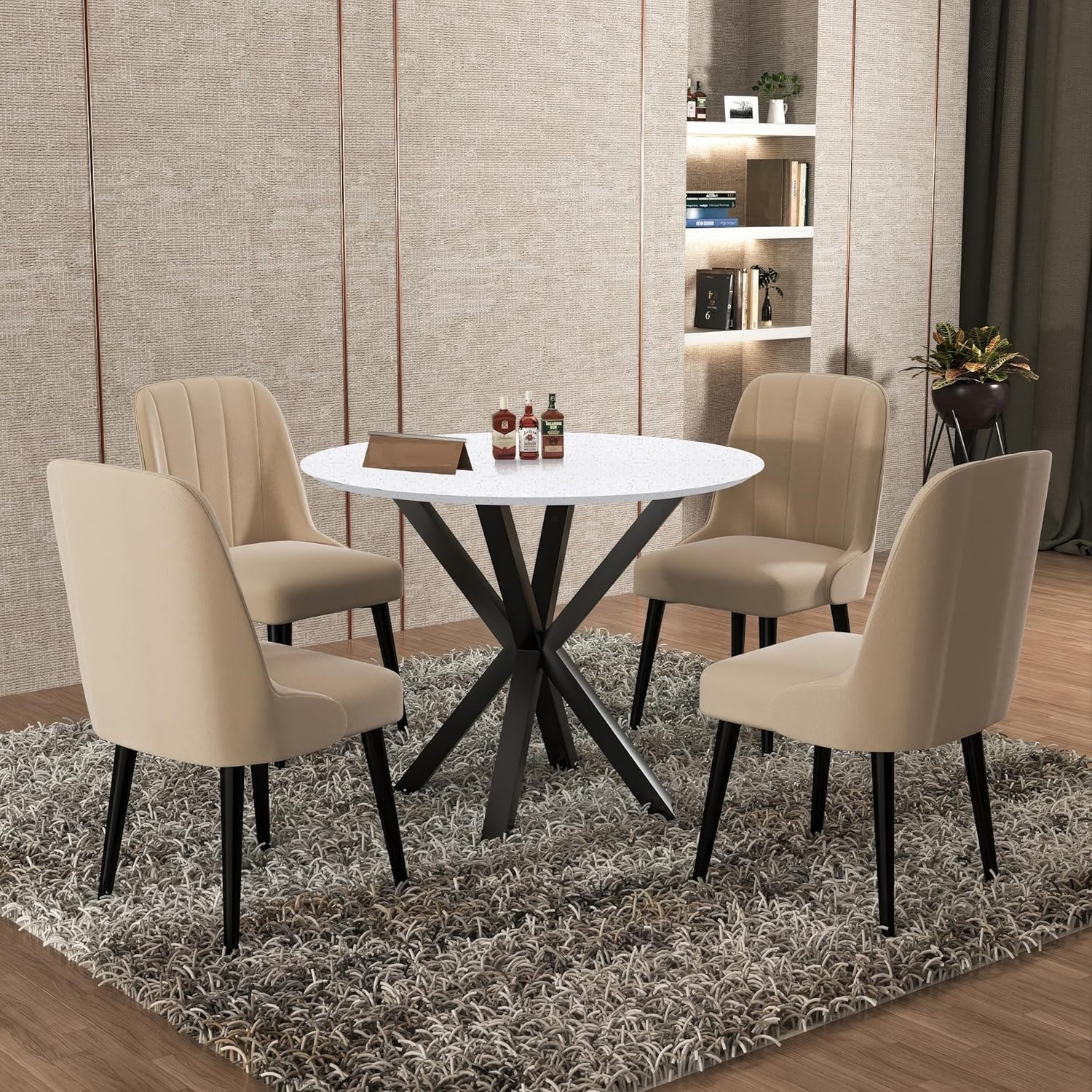 Round Dining Table 4 Seater | 4 Seater Dining Set | Dining Room Furniture | Finish Color:- White Table Top, Black Finish with Cream Cushions-image-3