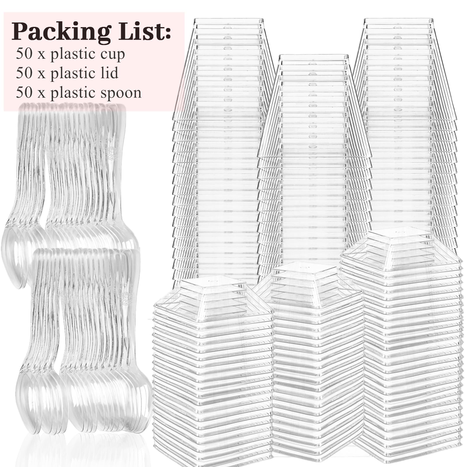 TOFLEN Paquete de 50 mini vasos de postre de 3.5 onzas con tapas rígidas y cucharas, vasos cuadrados de plástico transparente para servir postres, vasos para servir aperitivos de parfait y vasos de