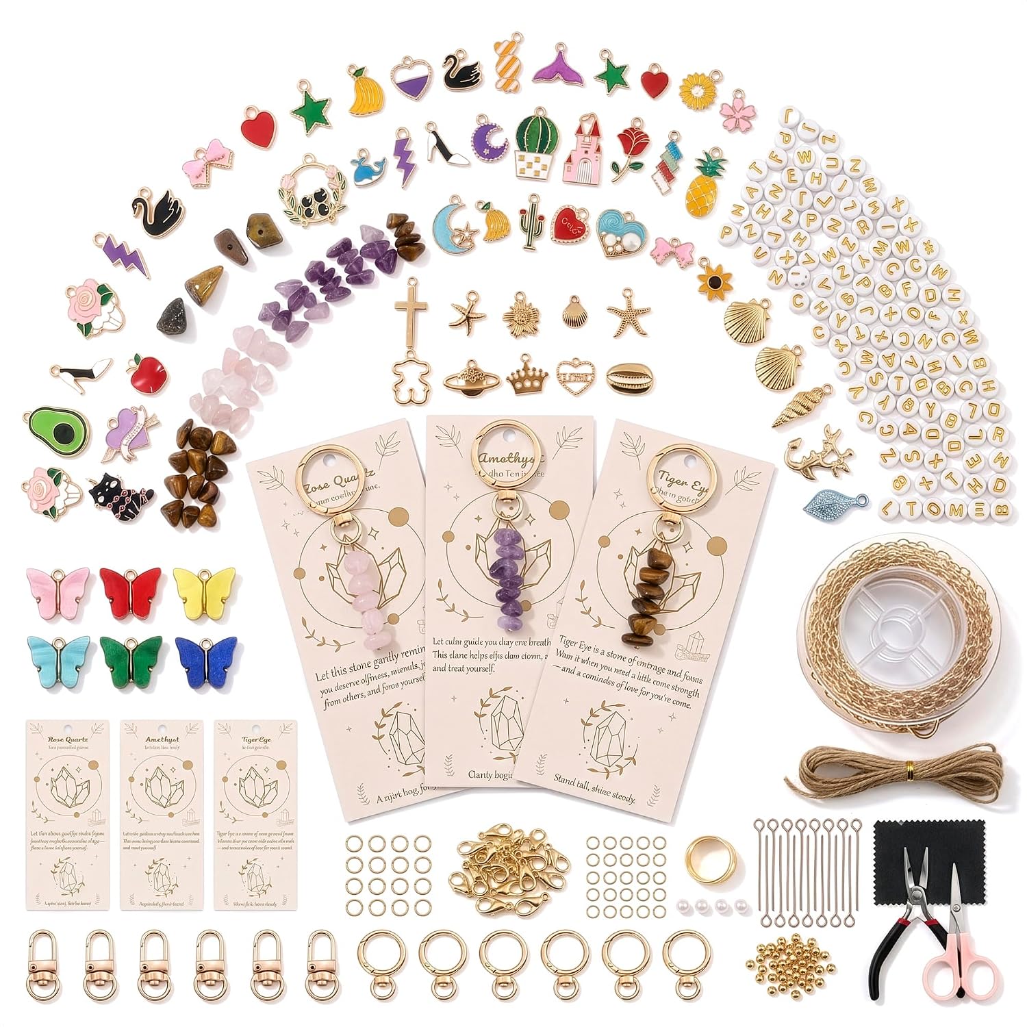 AZZORI Crystal Keychain Making Kit, 674 Pcs, 96 Gemstone Chips & Tools