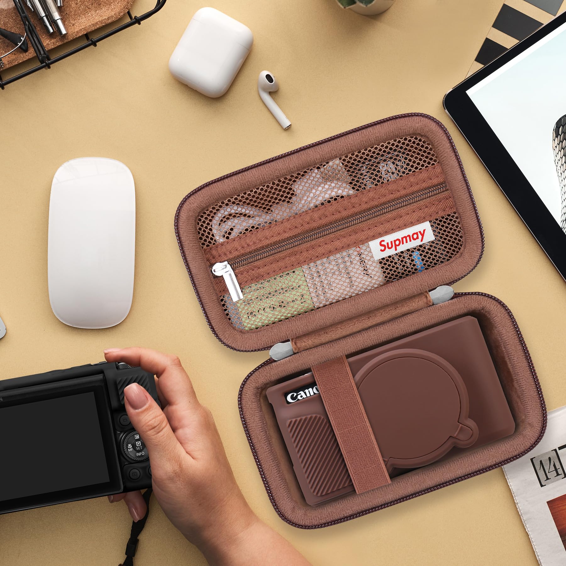 SX740 HS Kamera Fall Bundle, Schließen Sie Harte Tragetasche*1 + Silikon Kamera Case*1 EIN, Kompatibel mit Canon PowerShot SX740/SX730 HS Digitalkamera, Hüllen mit weichem Silikonhülle, Braun
