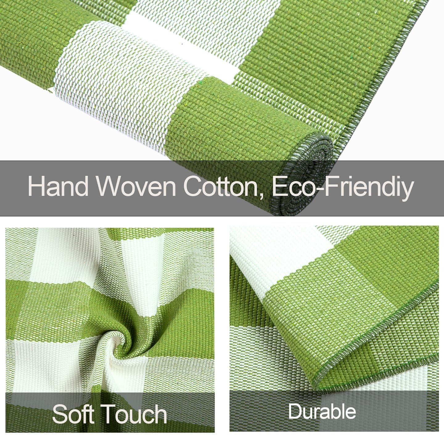 Green and White Outdoor Rug 3'x5',Buffalo Plaid Washable Entryway Rugs Front Porch Rug Cotton Woven Reversible Farmhouse Layered Doormat for Patio,Entryway,Bedroom,Bathroom