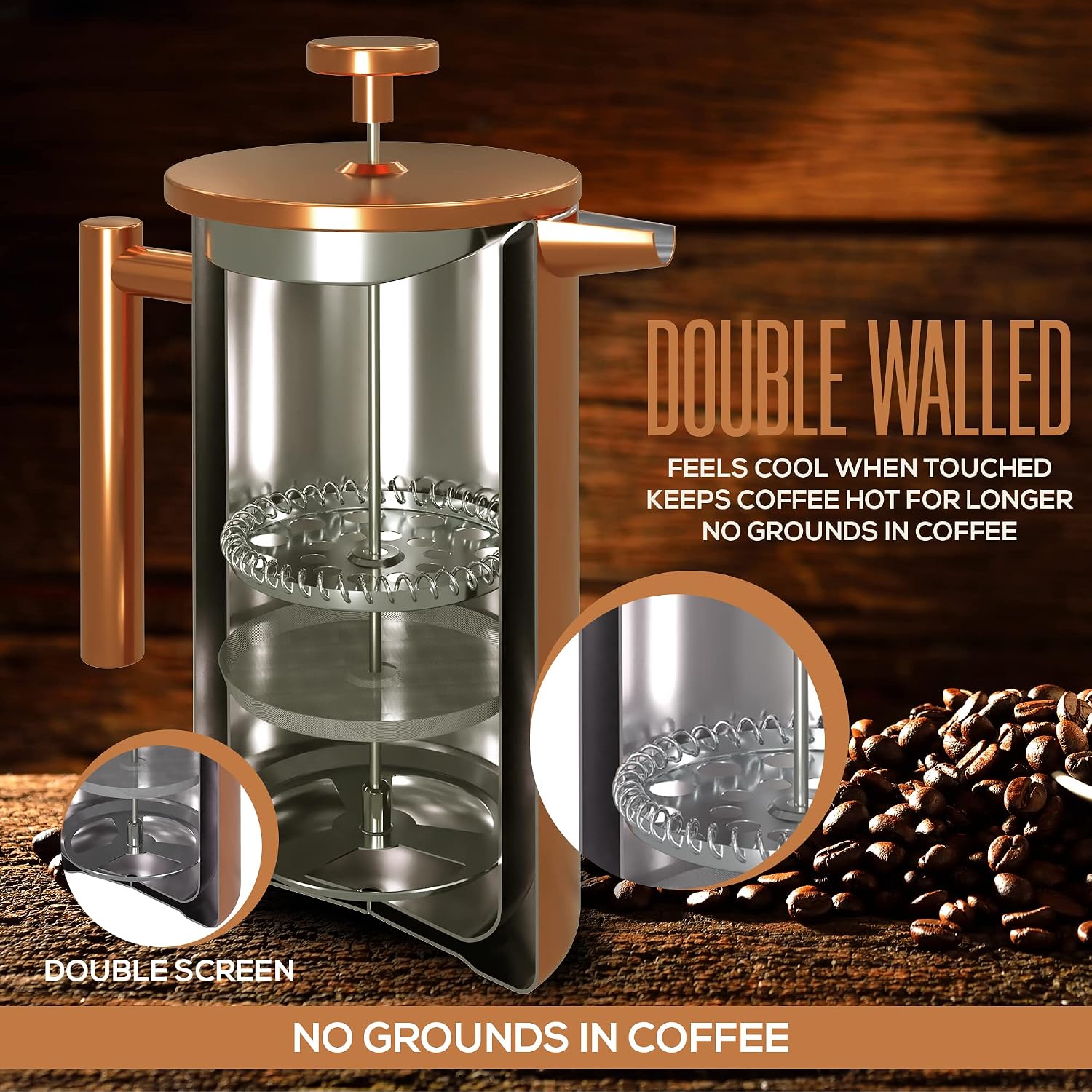 Utopia Kitchen 17oz French Press Coffee Maker, 18/10 Stainless Steel Double Wall Insulated Coffee Press with 2 Extra Filters - Copper