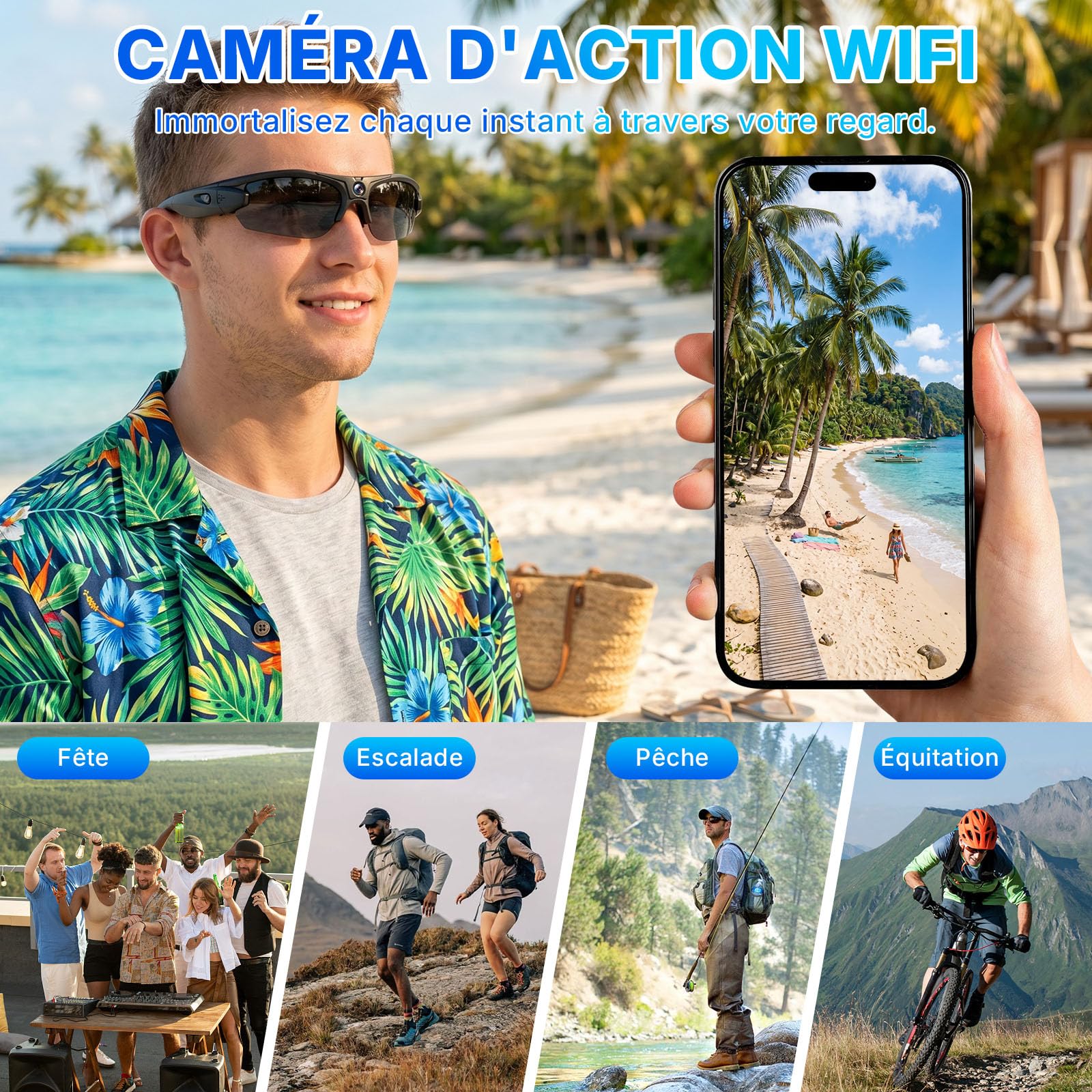 Lunettes de Soleil avec caméra d'action Wi-FI, Mini Caméra Cachée | Caméra d'action WiFi, Caméra Sportive, 120°, Caméra Cachée dans des Lunettes, Prise de Photos/Vidéos, Vélo/la Randonnée
