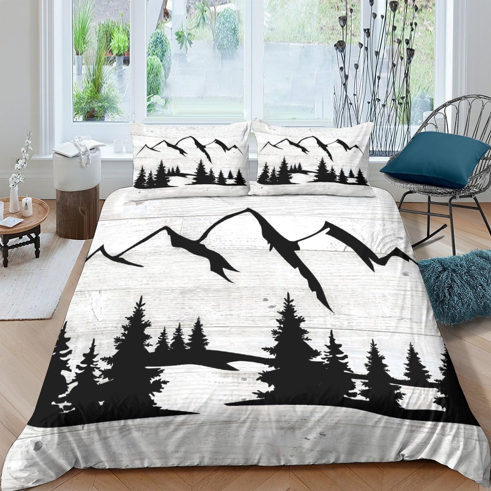 Ctjqhvkz Style-10 3D Printed Mountain Forest Fitted Sheet Microfiber Soft Black White Lake View Bed Cover For Bedroom Guest Room Decor Single（135X200cm）