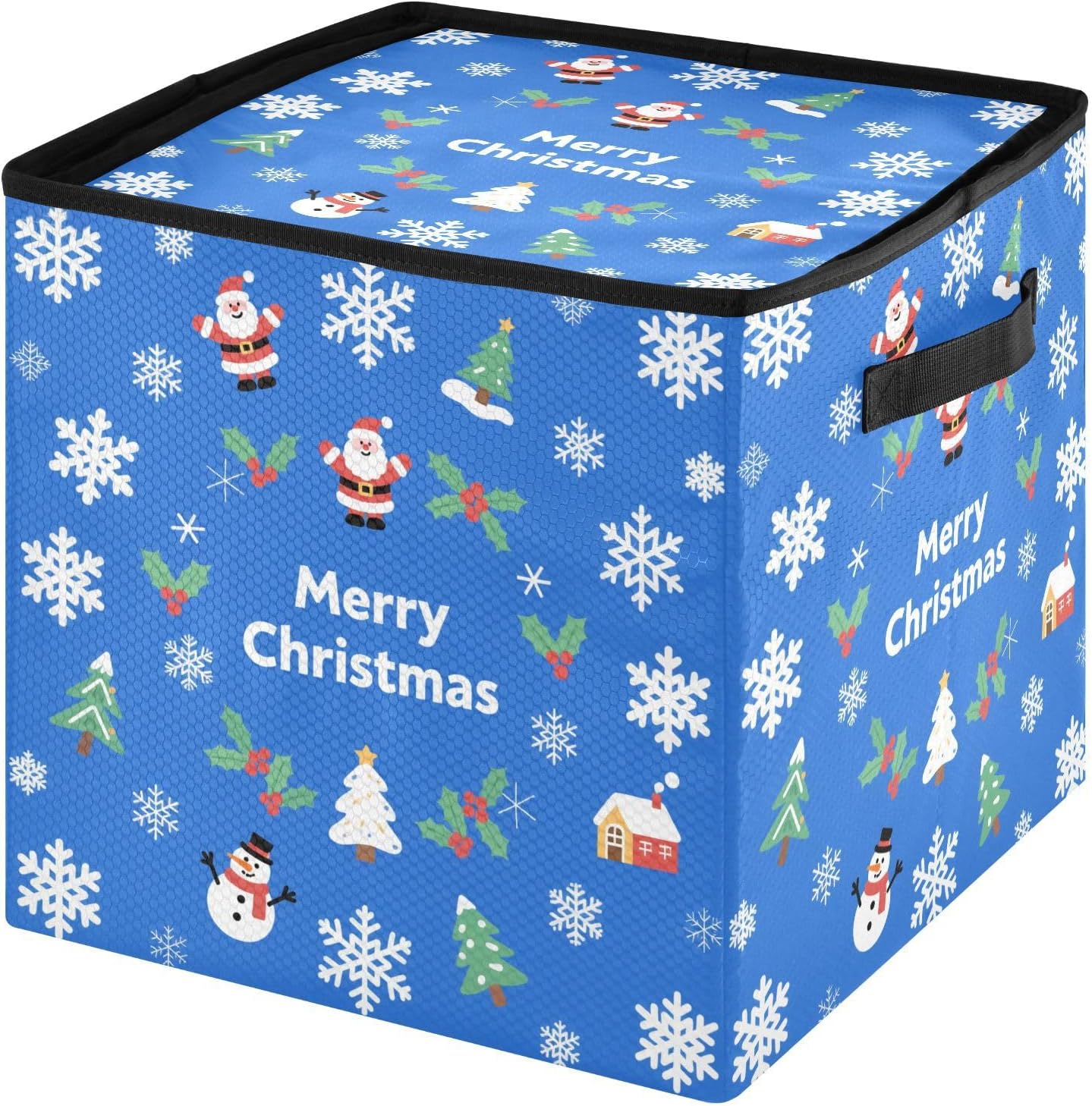 High Capacity Christmas ornament organizer Holds Up to 64, Adjustable Dividers handy Holiday Storage Case with Lid,White Merry Christmas Snowflake Navy Blue