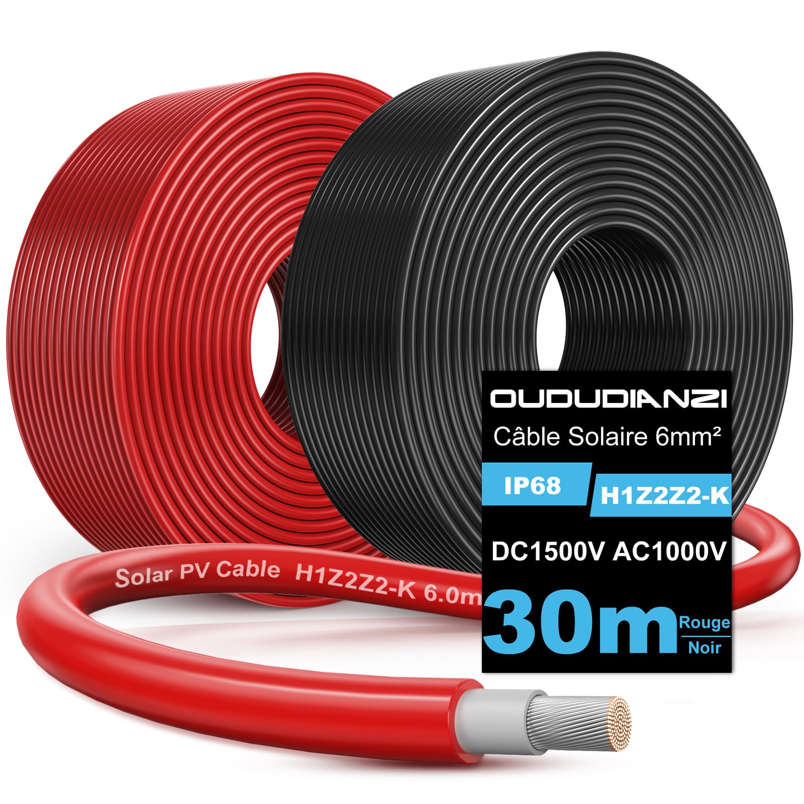 Oududianzi Cable Solaire 6mm2 30m, Rallonge Cable Panneau Solaire 10/15/20/30/50m, Câble Photovoltaïque 6mm2 pour Panneaux Solaire Onduleurs et Régulateurs de Charge (2x30m 6mm²)