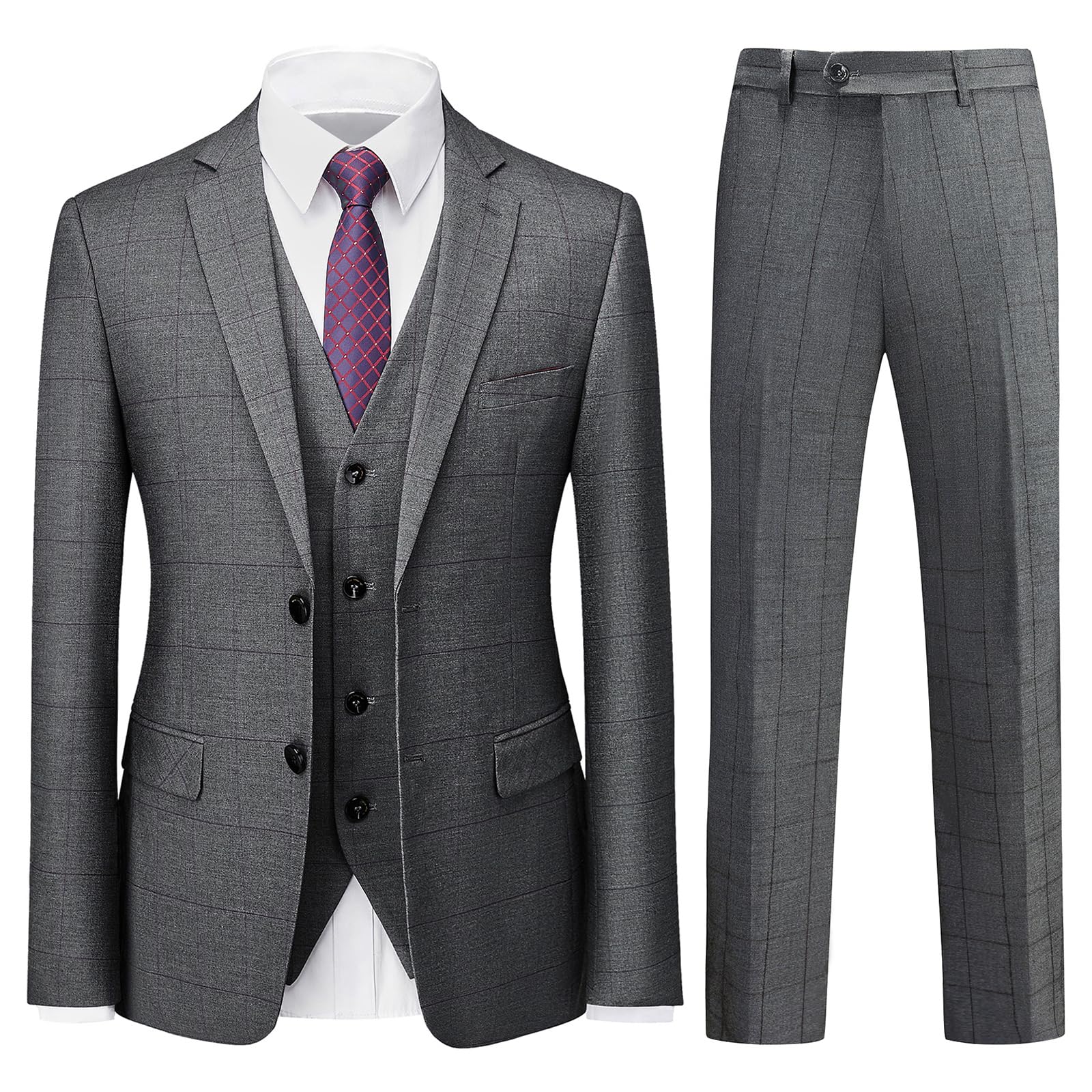 Mens Plaid Suit Slim Fit 3 Pieces Casual Checked Vintage Tuxedo Suit for Men for Wedding Business Party Blazer Pants & Vest