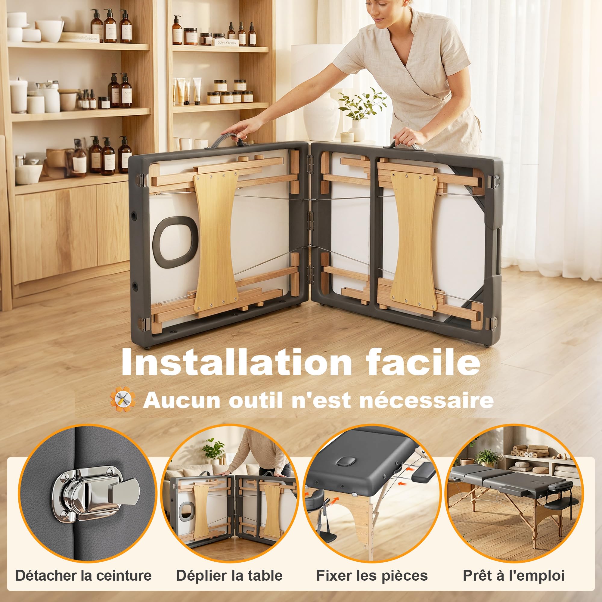 HOMCOM Table de Massage Pliante, lit de Massage 3 Zones Portable 185 x 60 cm, Hauteur et Dossier réglables, Appui-tête, accoudoirs, Repose-Bras, Table esthétique Tatouage en Bois de hêtre, Gris