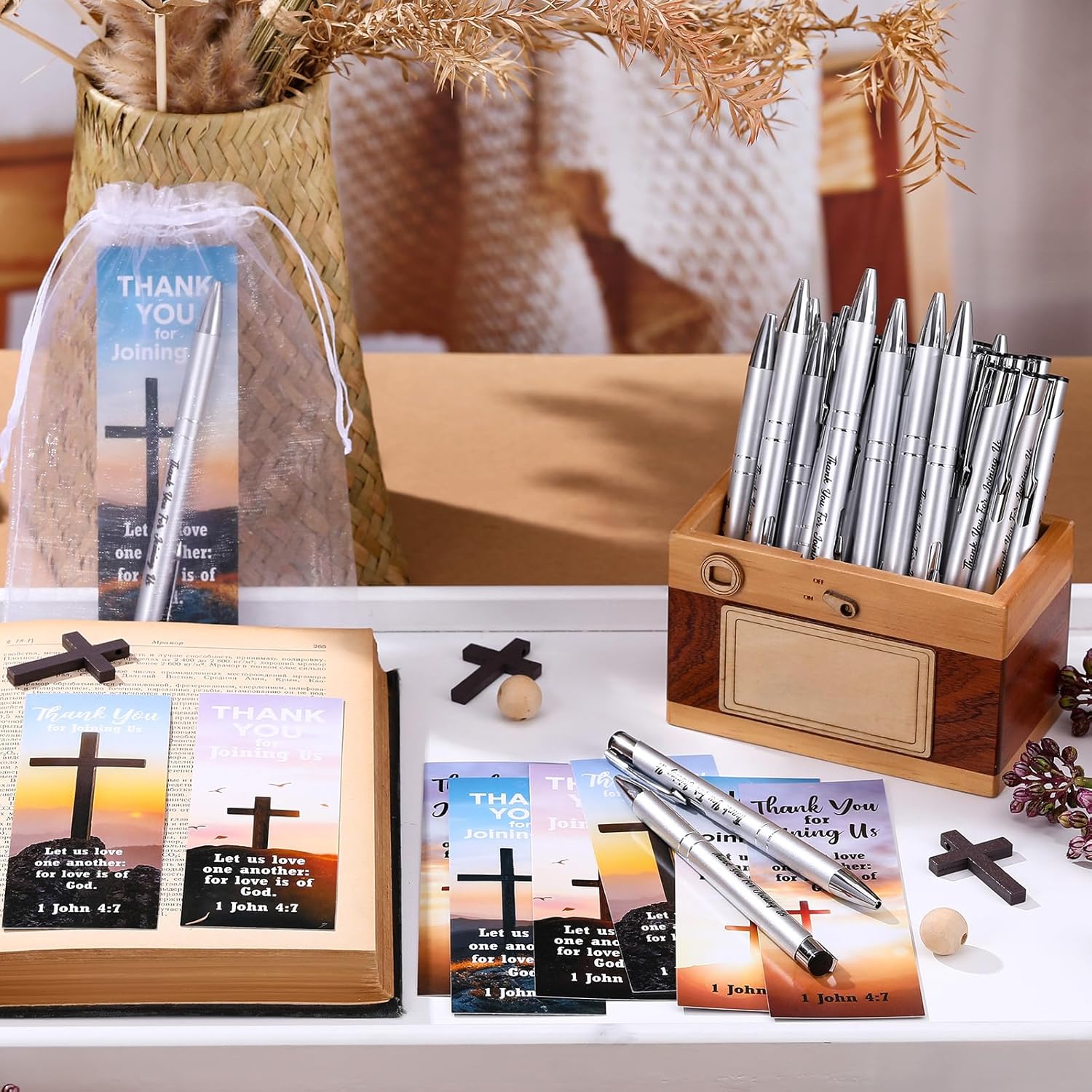 Dispowreath 72 Pcs/36 Sets Church Welcome Gifts Bulk Includes 36 Pcs Church Visitor Bookmarks 36 Pcs Thank You for Joining Us Ballpoint Pens with Gift Bags for Visitors Prayers Baptism Party Favors
