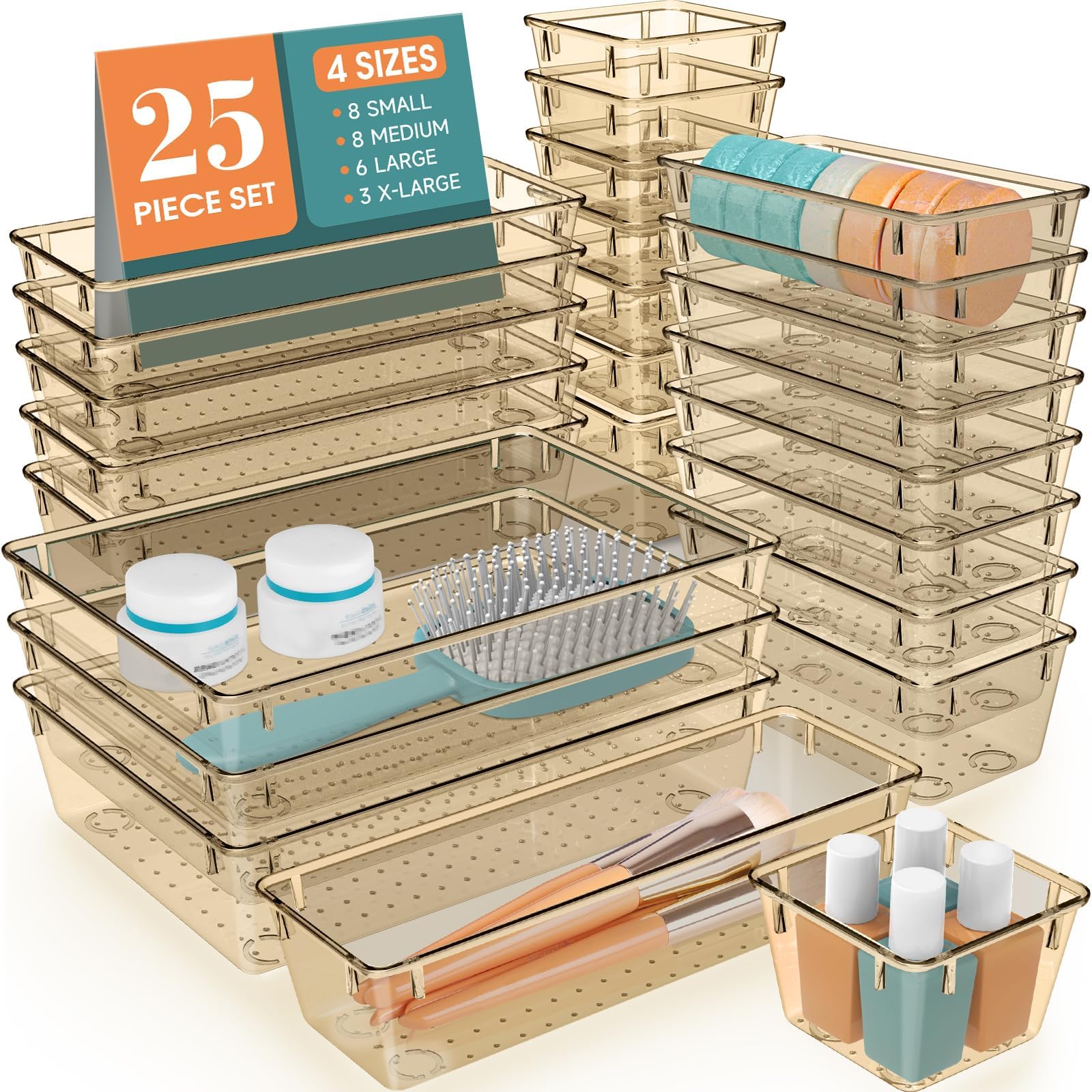 Organiseur de tiroir StorMiracle lot de 25 bacs transparents champagne 5 tailles