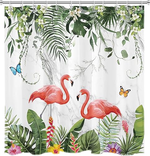 Miniatura 4 de EOBTAIN Cortina de ducha de hojas tropicales para baño, diseño de monstera rosa flamenco verde con mariposa sobre mármol gris y blanco, con ganchos,