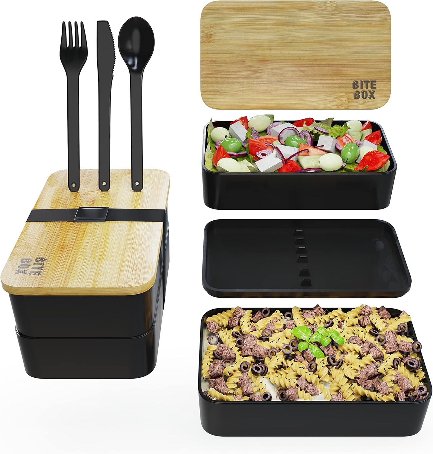 Bite Box Lunchbox 1400ml Modern 2 Tier Lunch Box with Bamboo Lid, 3