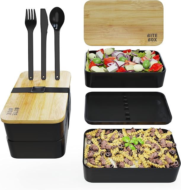 Bite Box Lunchbox 1400ml Modern 2 Tier Lunch Box with Bamboo Lid, 3 Piece Cutlery, Bento Divider and Leak Proof Strap Eco Friendly, BPA Free Suitable for Adults and Children Adult Lunch Box, Black