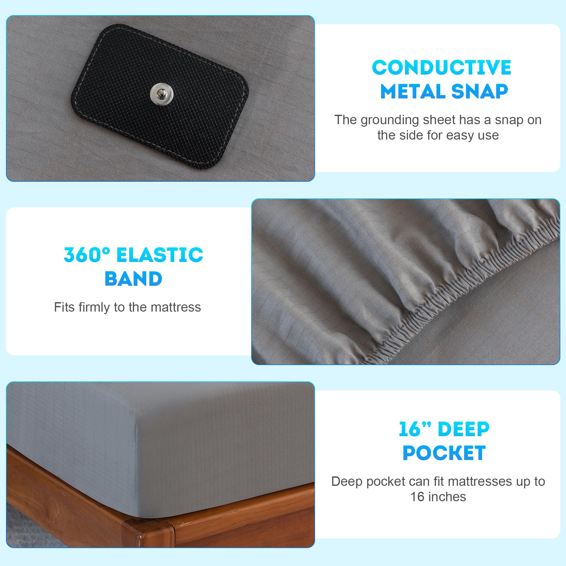 King Size Grounding Sheet (78x80) - 16" Deep Pocket, Cotton & Silver Fiber Infused, Earthing Fitted Mattress Sheet With 15ft Cord