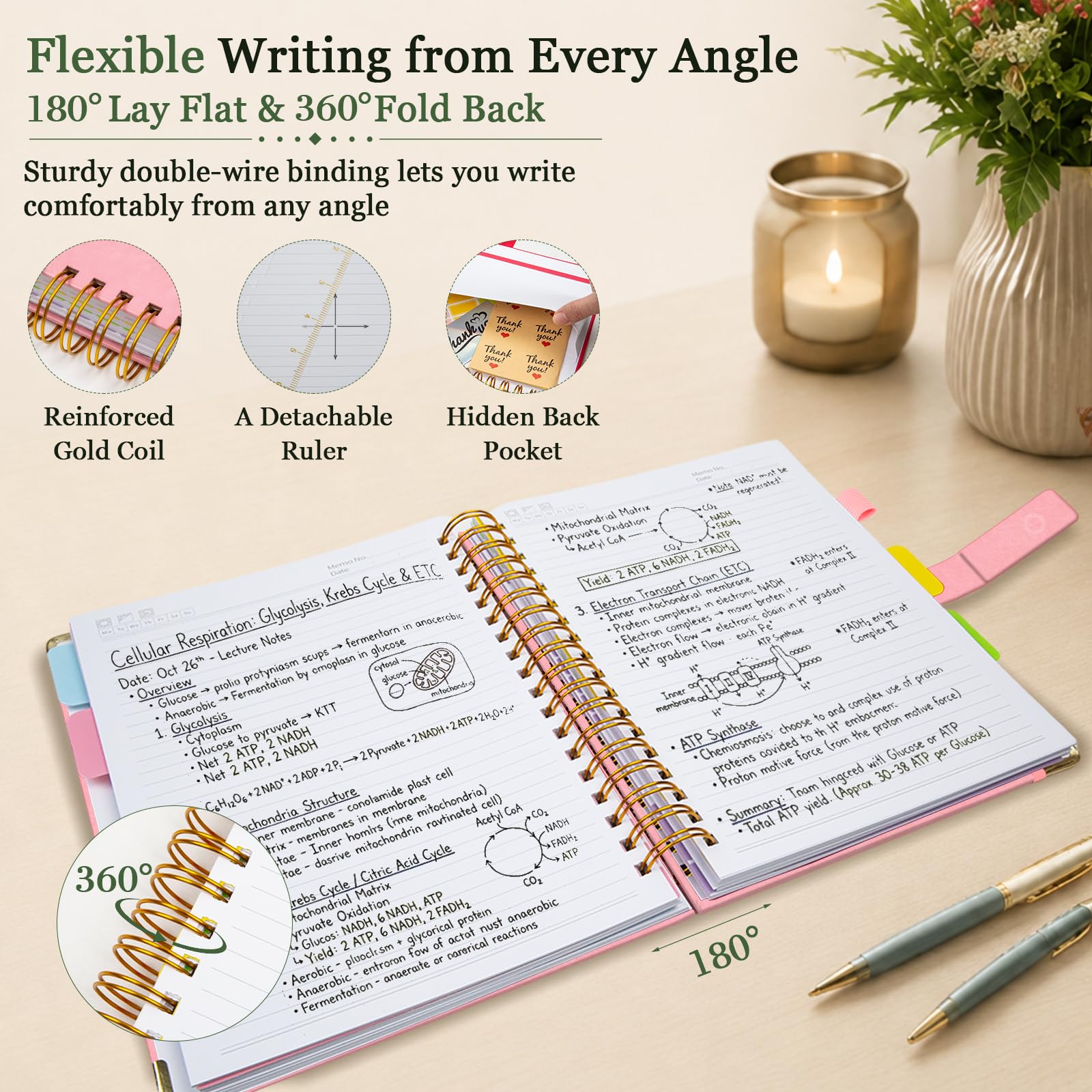 Hardcover Spiral Notebook 8''x 10'' College Ruled Notebook with Magnetic Closure, 300 Pages 5 Subject Notebooks with Pocket Dividers for Work School, B5 Leather Journal for Women, Men (Pink)