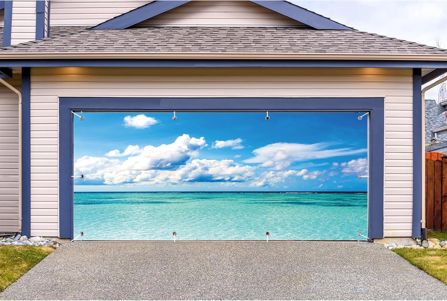 CSFOTO 7x16ft Sea View Garage Door Decoration Banner Blue Sky White Cloud Green Ocean Decoration Background Wallpaper Large Garage Door Cover Aloha Luau Theme Summer Outdoor Party Banner