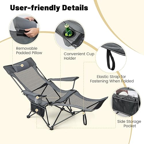 Miniatura 8 de GYMAX Silla de campamento, silla reclinable ajustable con reposapiés extraíble, almohada acolchada, portavasos y bolsillo lateral, silla plegable de