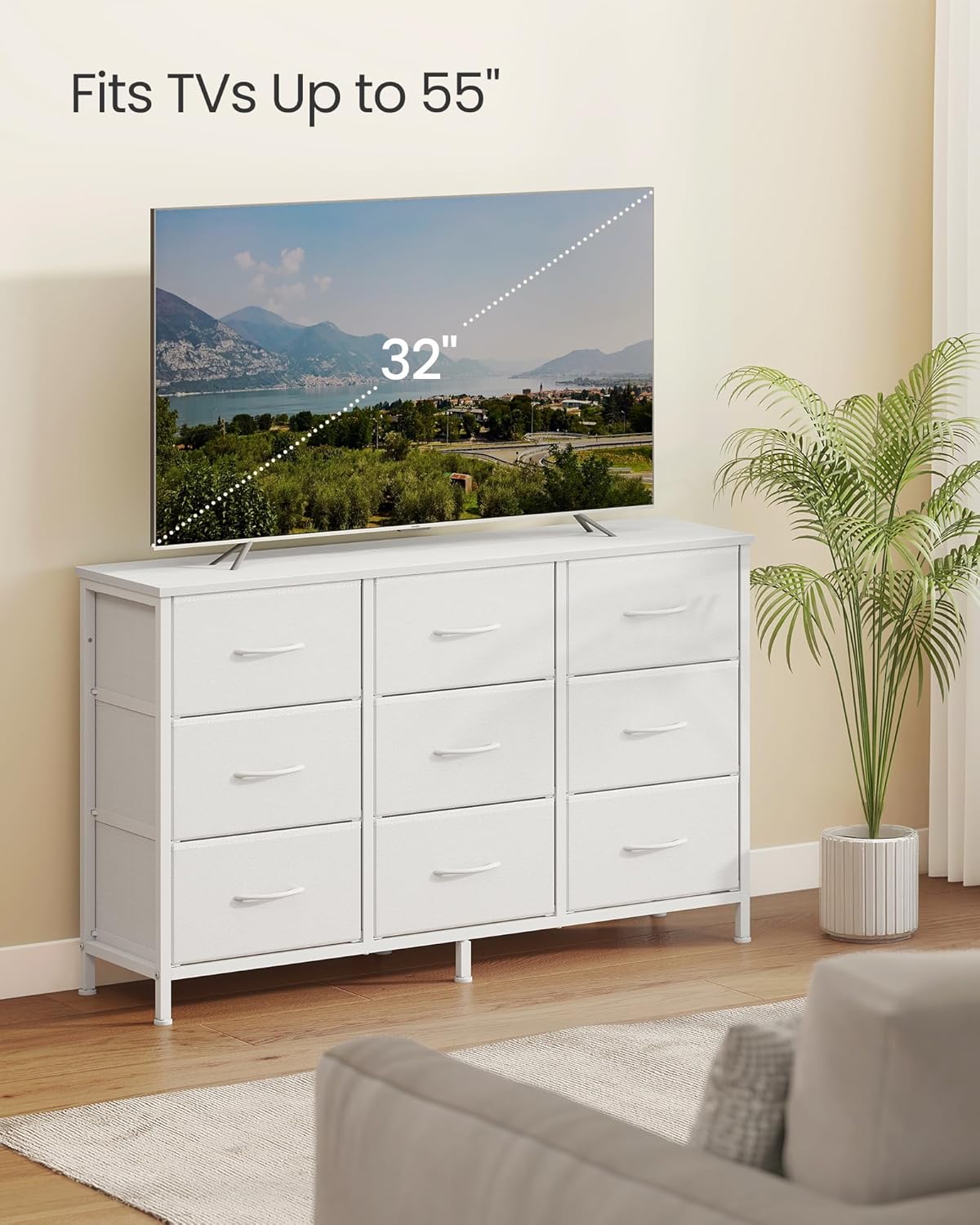 SONGMICS BELLAH Collection - Dresser for Bedroom, TV Stand for TVs Up to 55 Inches, Chest of Drawers for Living Room, Closet, Steel, 9 Drawers, Modern, Cloud White ULGS033WH02S