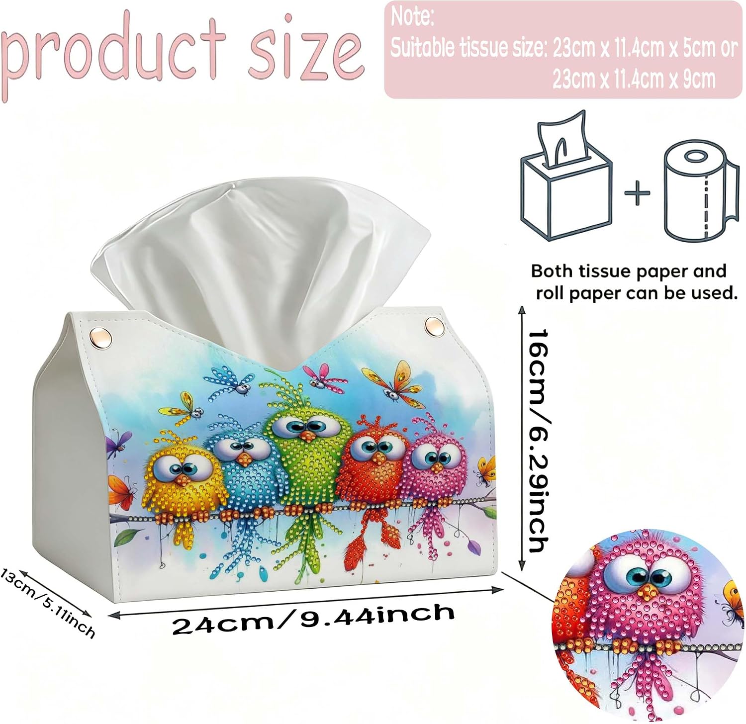 Large Diamond Art Painting Tissue Box Cover for Adults – DIY Rhinestone PU Leather Storage Organizer,Gem Art Home Office Decor Craft Gift for Women 9.4x6.3x5.1Inch(Colorful Cute Birds) image 4