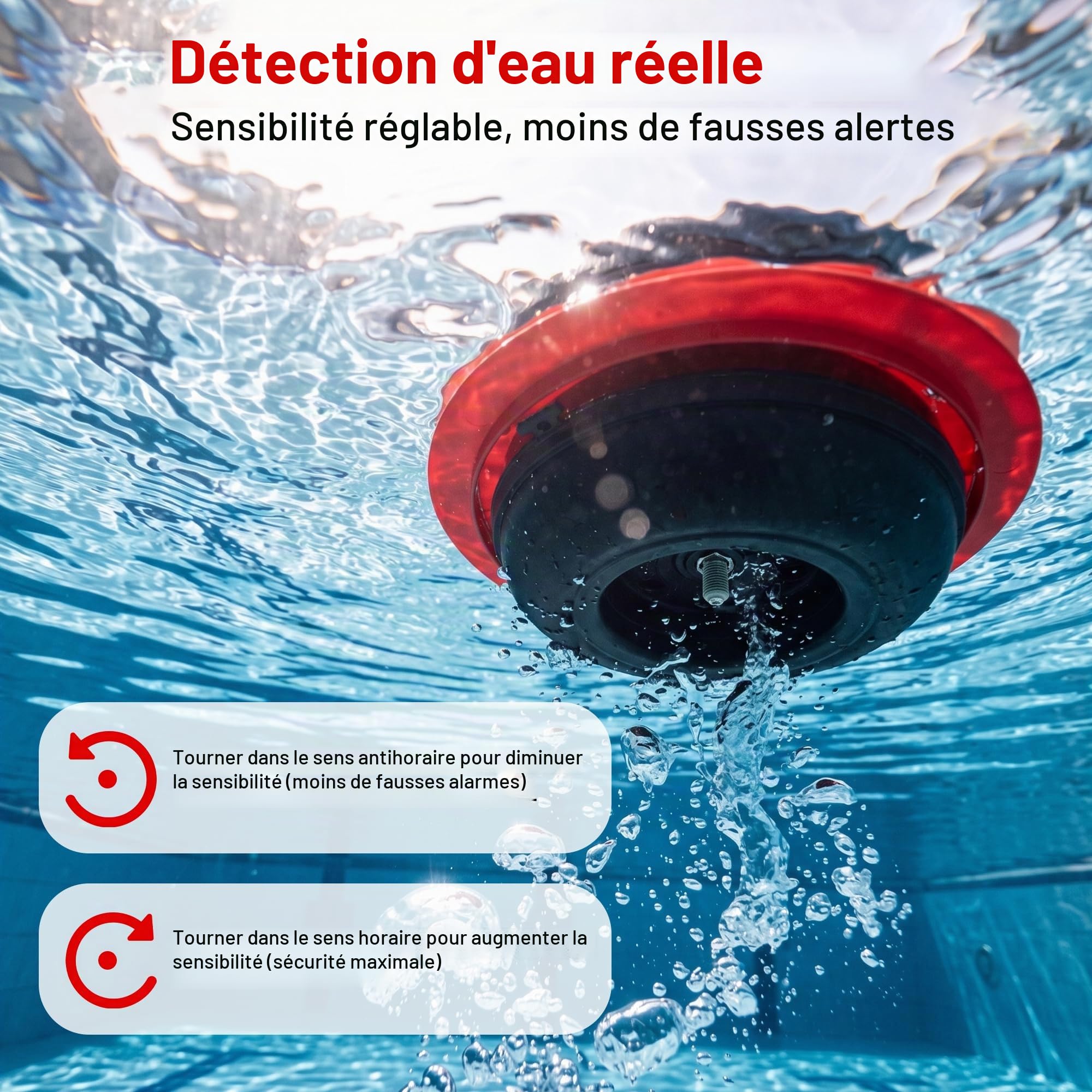 Alarme de piscine, alarme de sécurité flottante pour piscines creusées et hors sol, sensibilité réglable, détection d'eau, alerte 85 dB+ – Protection pour enfants et animaux domestiques (rouge)