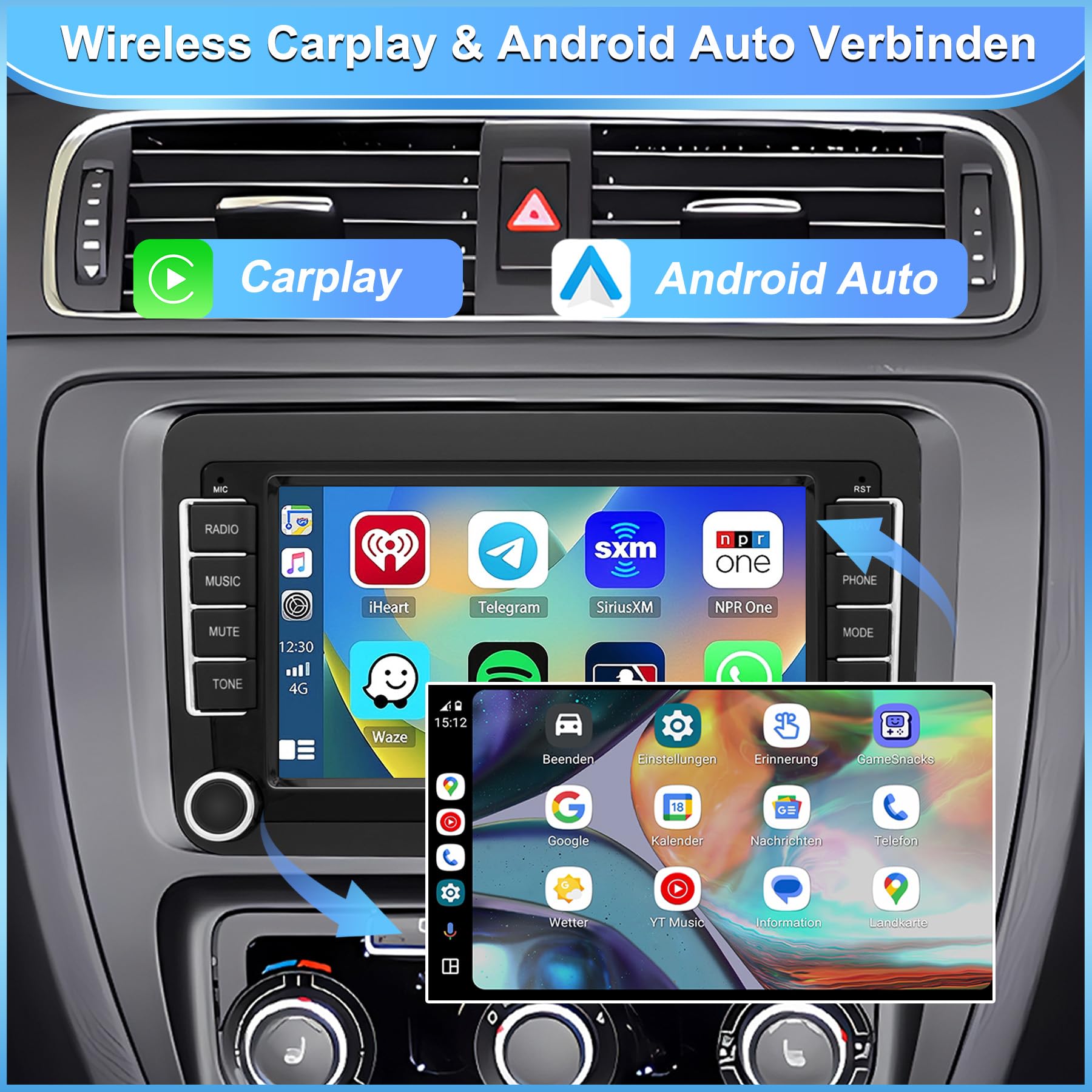 Radio samochodowe z systemem Android 13 do VW Passat/Golf/Polo/Caddy/Tiguan/Jetta i wielu innych| 7-calowy ekran dotykowy HD z kamerą cofania | bezprzewodowy CarPlay & Android Auto | 2 GB + 64 GB GPS