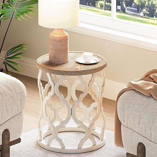 Miniatura 6 de karlott Mesa auxiliar de granja, mesa auxiliar redonda francesa de 18.5 pulgadas, mesa auxiliar con bandeja envejecida con base de marco de motivo