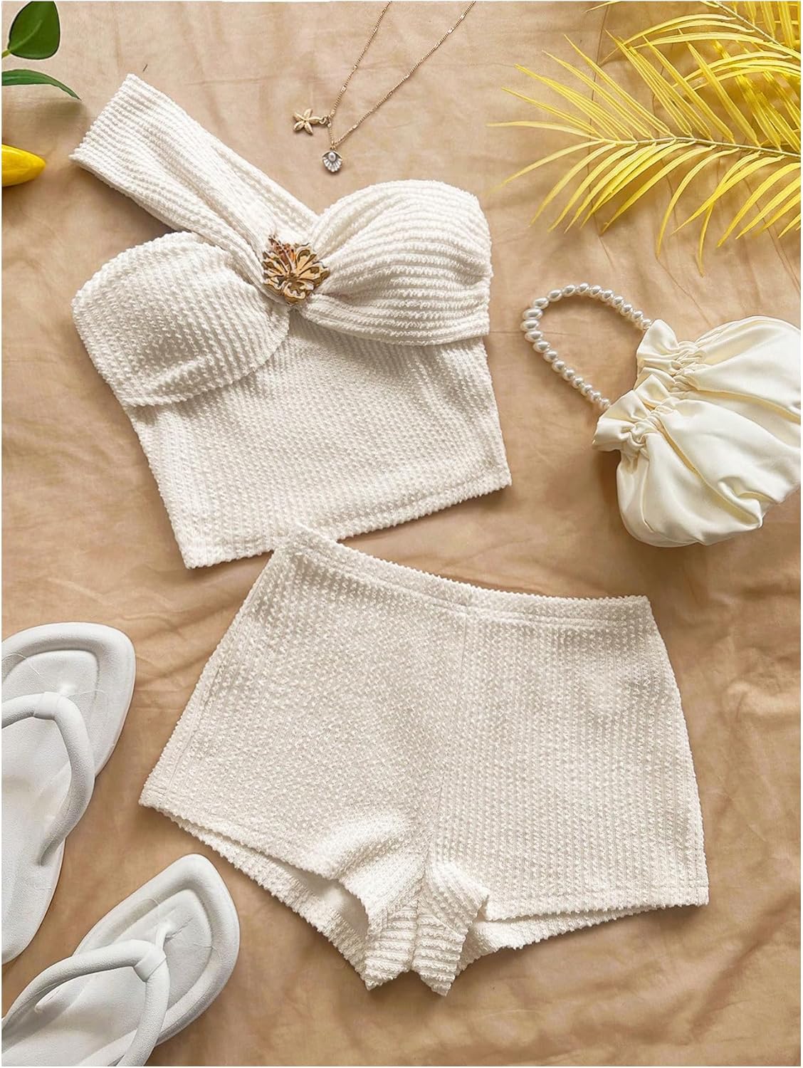 Verdusa Women's 2 Piece Vacation Outfits Textured One Shoulder Crop Tops with Micro Shorts Summer Y2k Clothing Set - Image 3