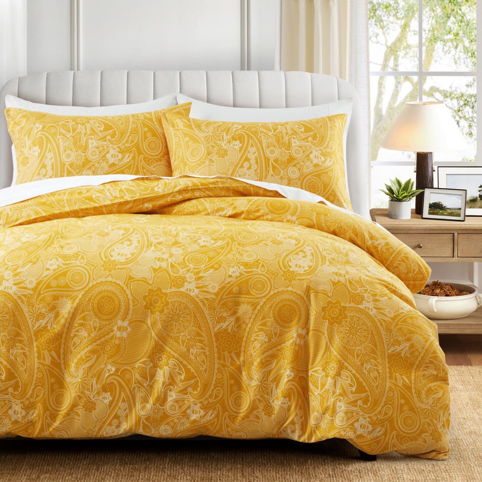 Super King Duvet Set Bohemian Super King Duvet Cover Sets Reversible Boho Bedding Sets with 2 Pillowcases Zipper Premium Brushed Microfiber Luxury Super Soft Machine Washable 260x220 cm Yellow — image 1